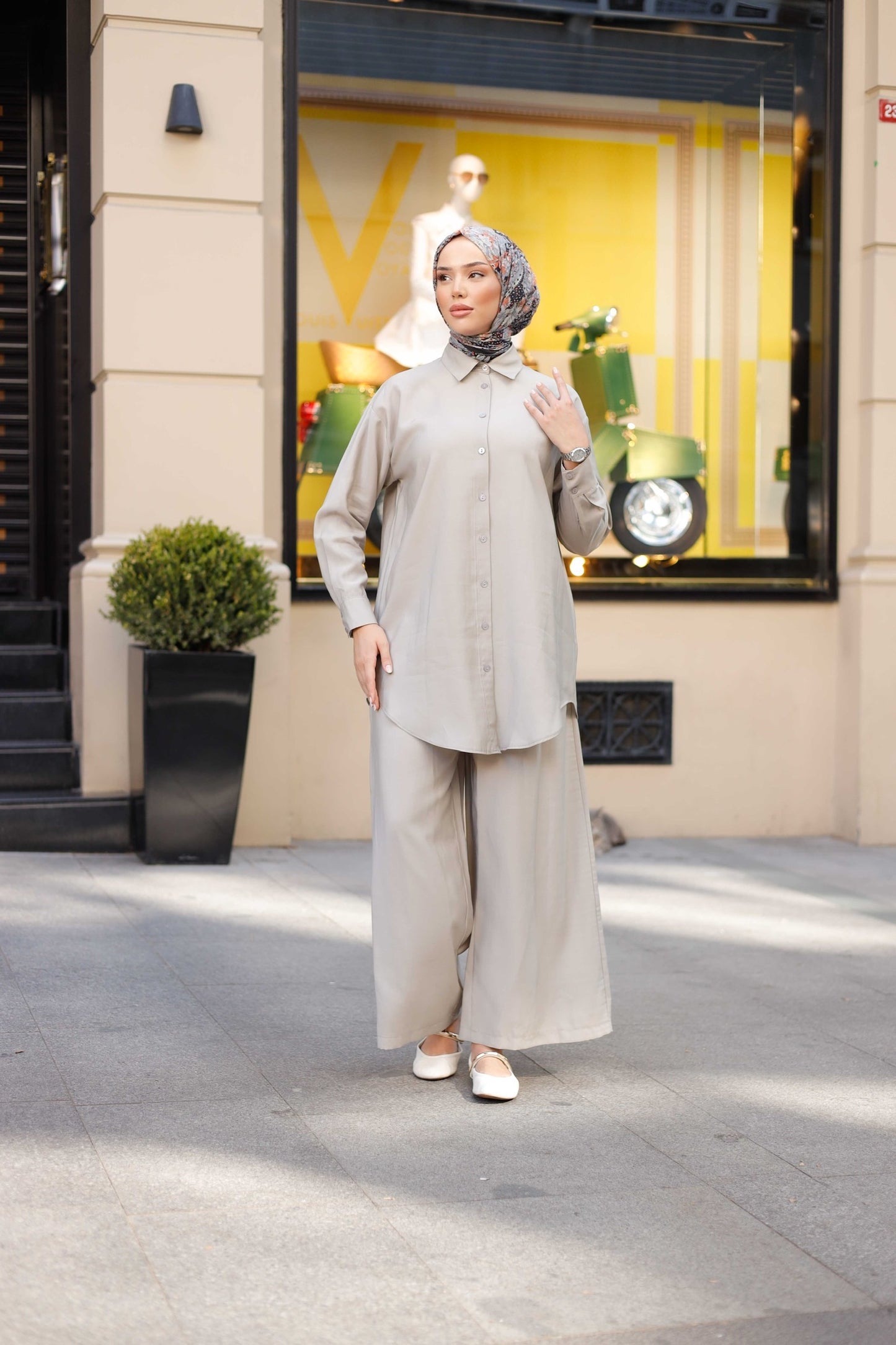 Tensel Kumaş Oversize Tesettür İkili Takım – Bej & Mavi Renk Seçenekli