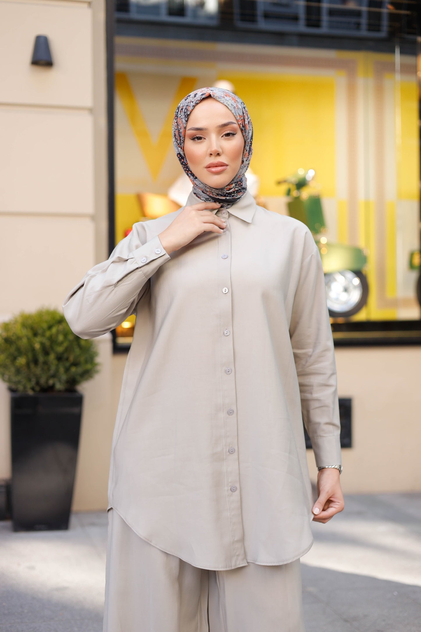 Tensel Kumaş Oversize Tesettür İkili Takım – Bej & Mavi Renk Seçenekli