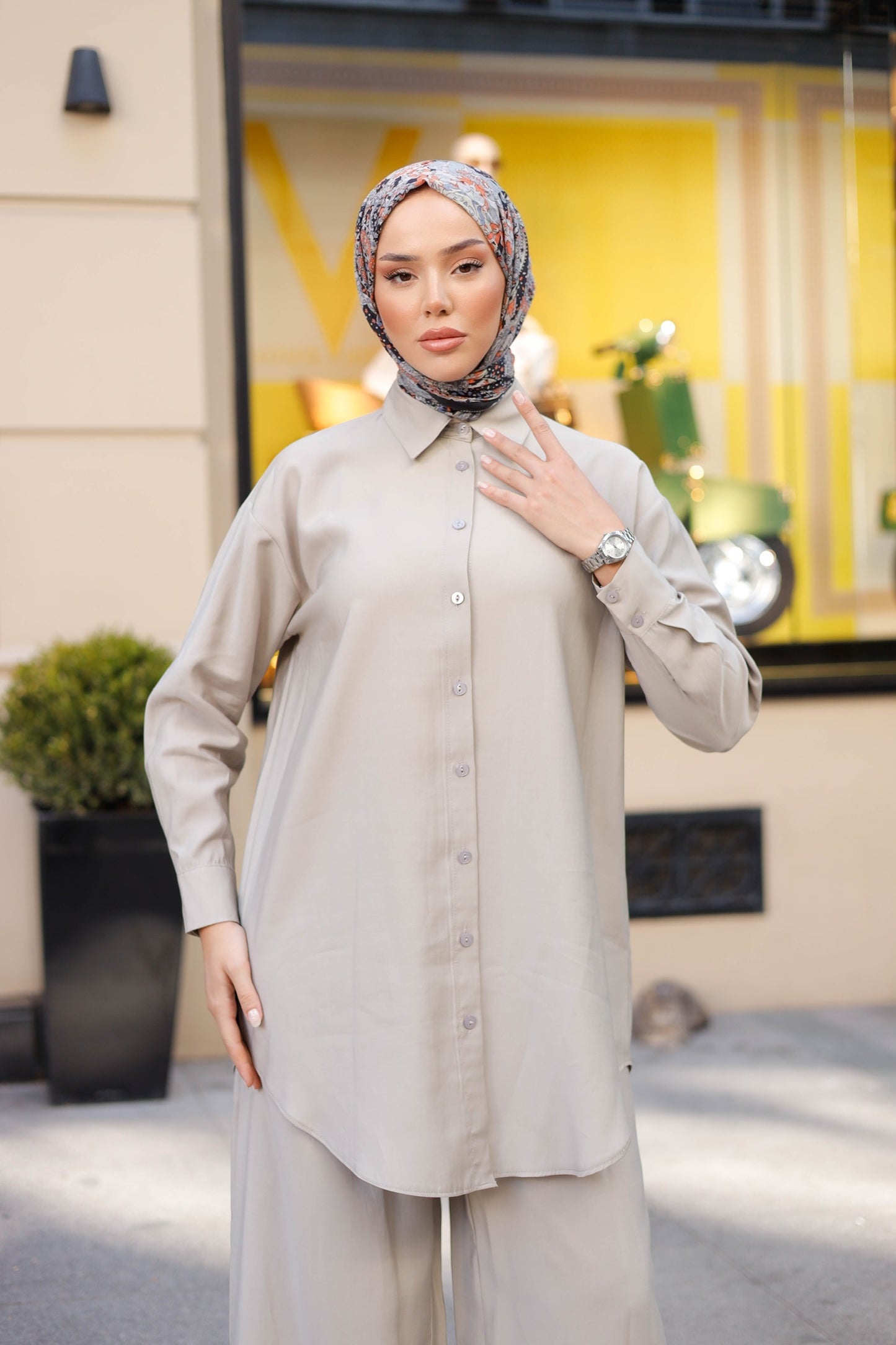 Tensel Kumaş Oversize Tesettür İkili Takım – Bej & Mavi Renk Seçenekli