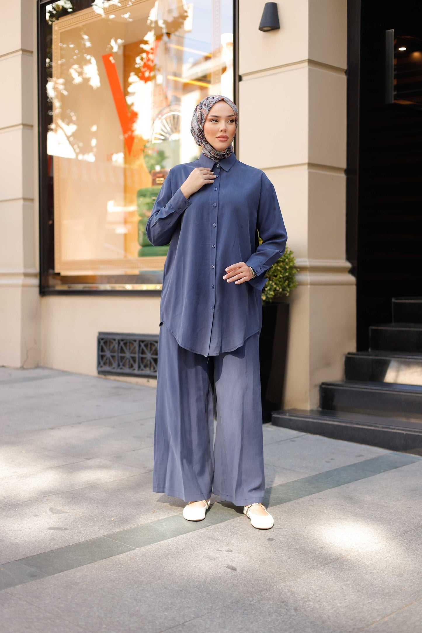 Tensel Kumaş Oversize Tesettür İkili Takım – Bej & Mavi Renk Seçenekli