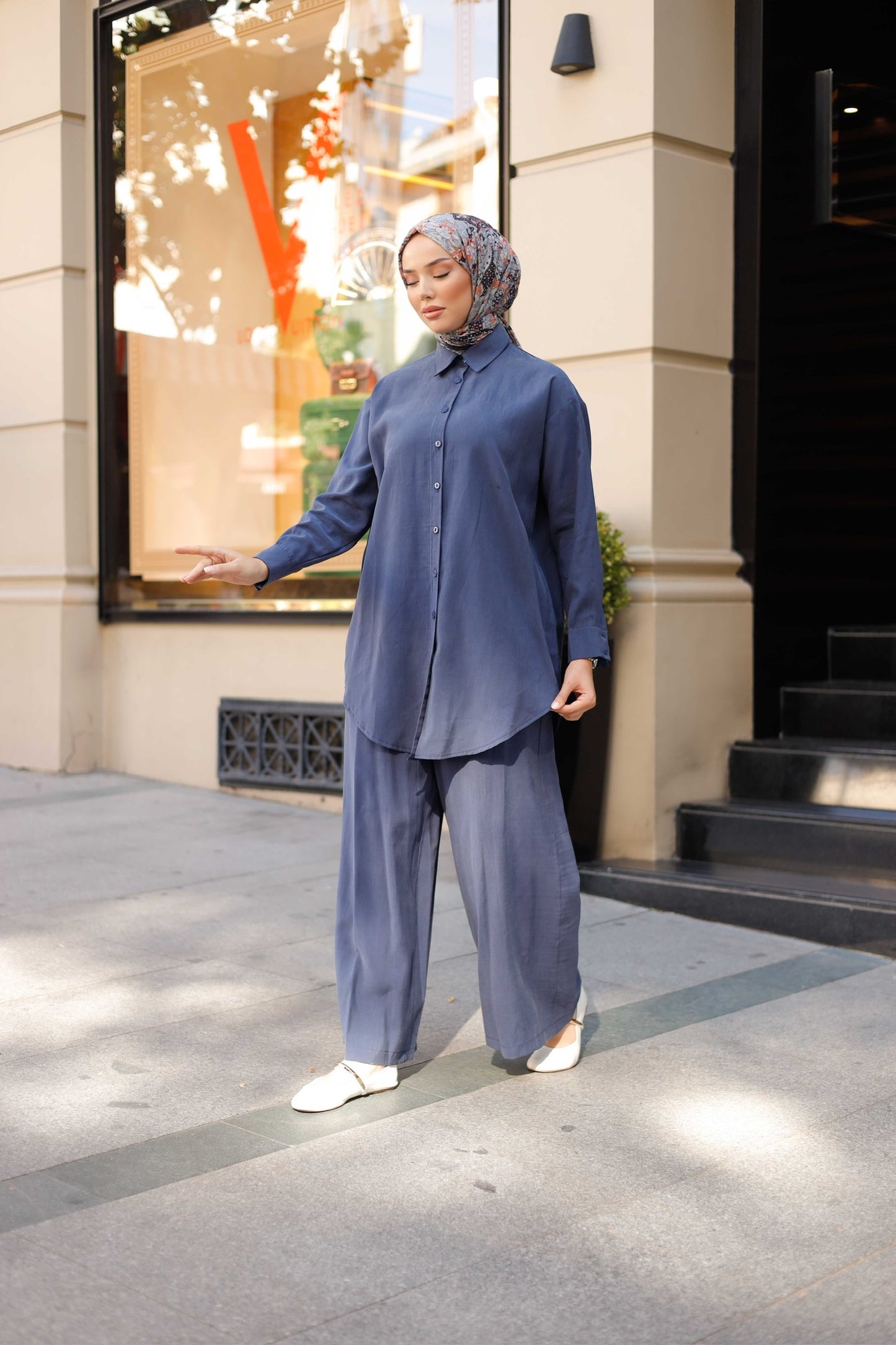 Tensel Kumaş Oversize Tesettür İkili Takım – Bej & Mavi Renk Seçenekli