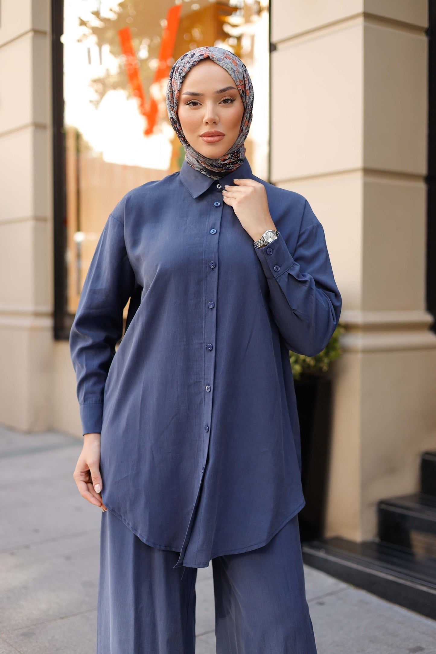 Tensel Kumaş Oversize Tesettür İkili Takım – Bej & Mavi Renk Seçenekli