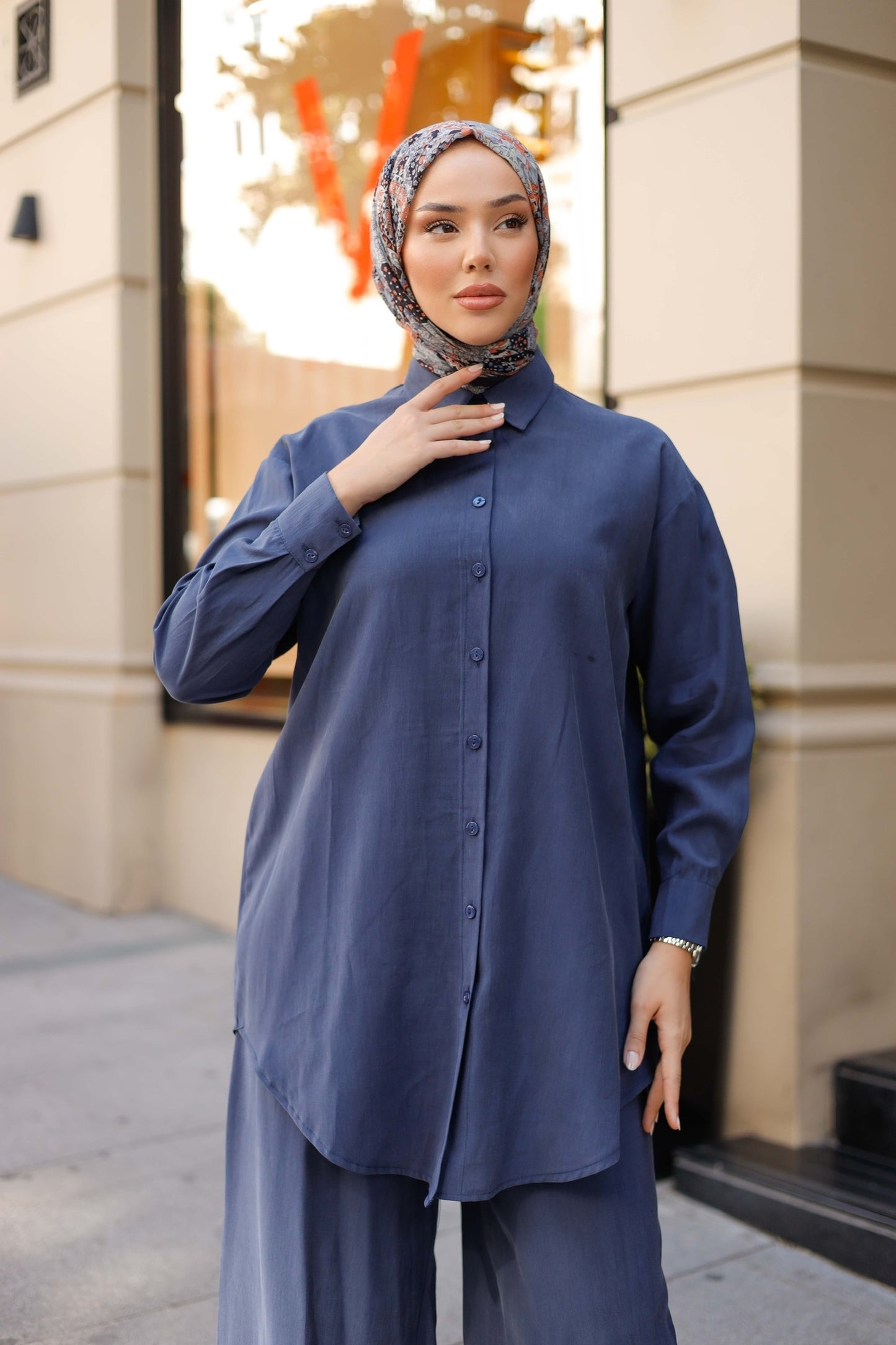 Tensel Kumaş Oversize Tesettür İkili Takım – Bej & Mavi Renk Seçenekli