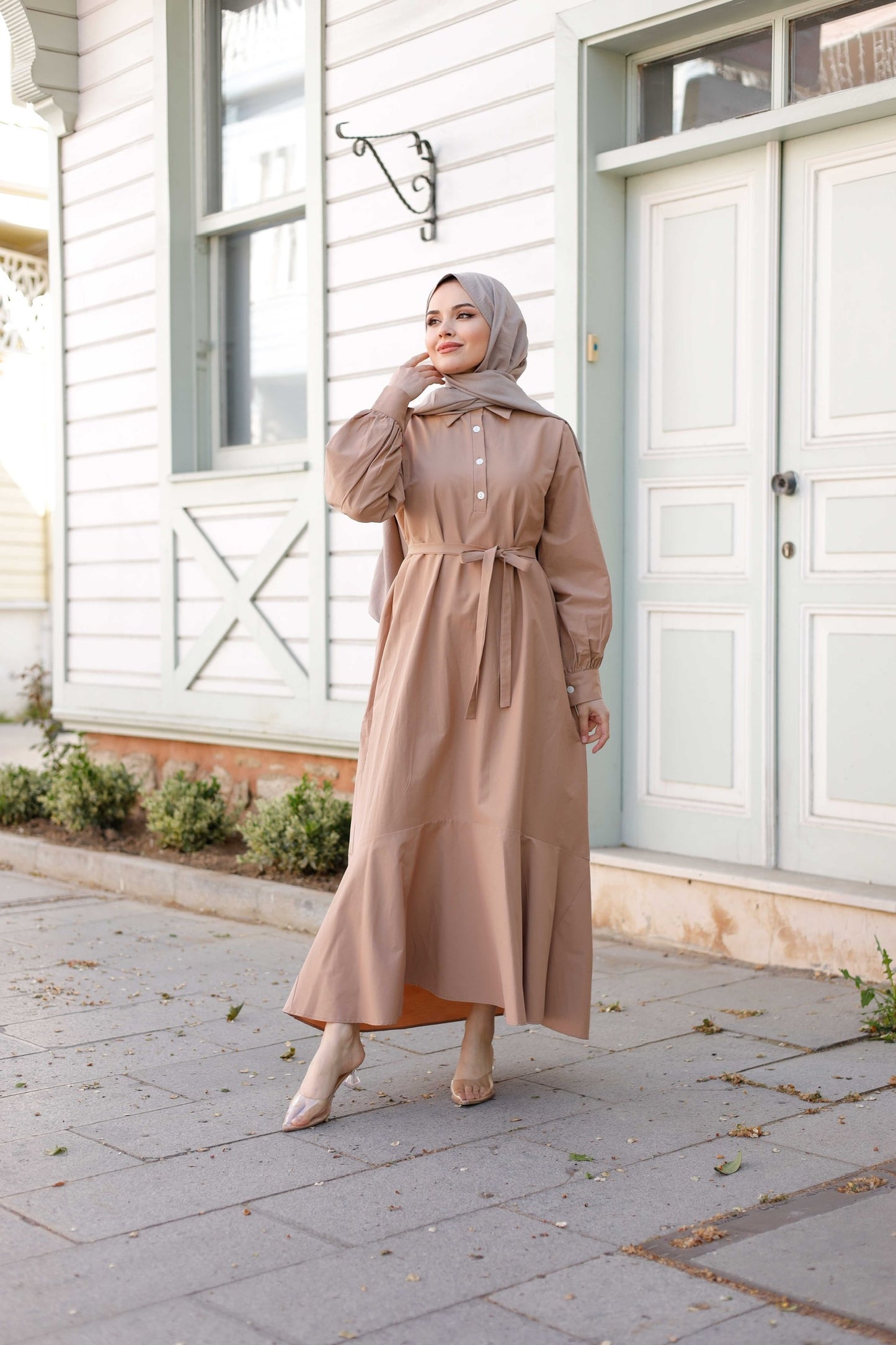 Kuşaklı Düğmeli Yüzde Yüz Pamuk Elbise – Bebe Mavisi, Siyah, Mint, Camel, Lacivert | Nueny Prive