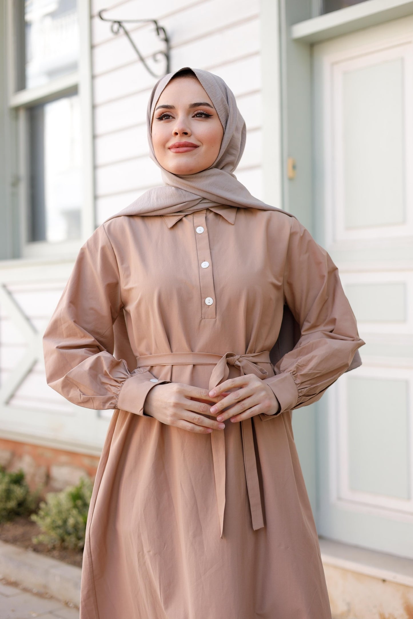 Kuşaklı Düğmeli Yüzde Yüz Pamuk Elbise – Bebe Mavisi, Siyah, Mint, Camel, Lacivert | Nueny Prive