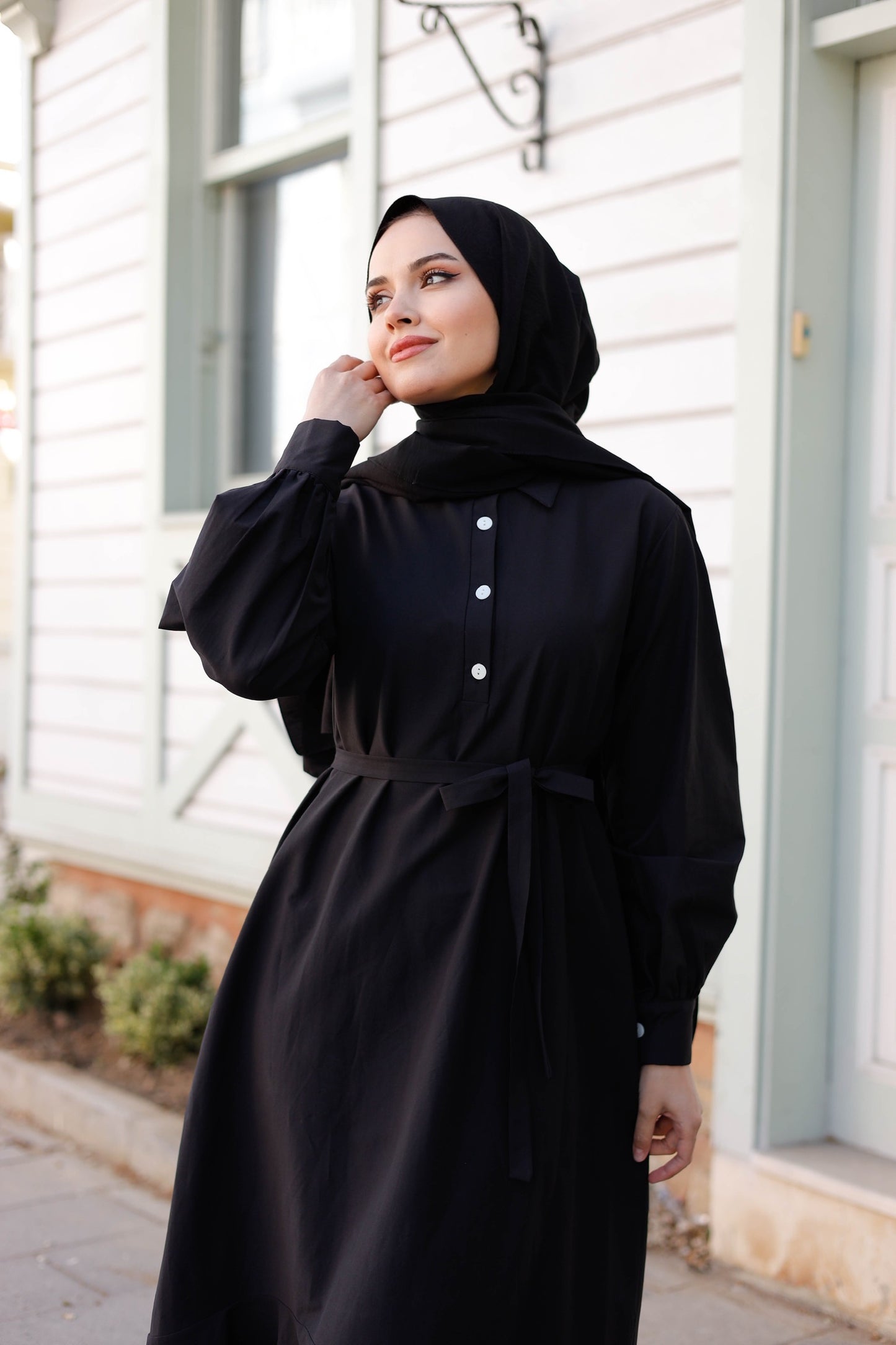 Kuşaklı Düğmeli Yüzde Yüz Pamuk Elbise – Bebe Mavisi, Siyah, Mint, Camel, Lacivert | Nueny Prive