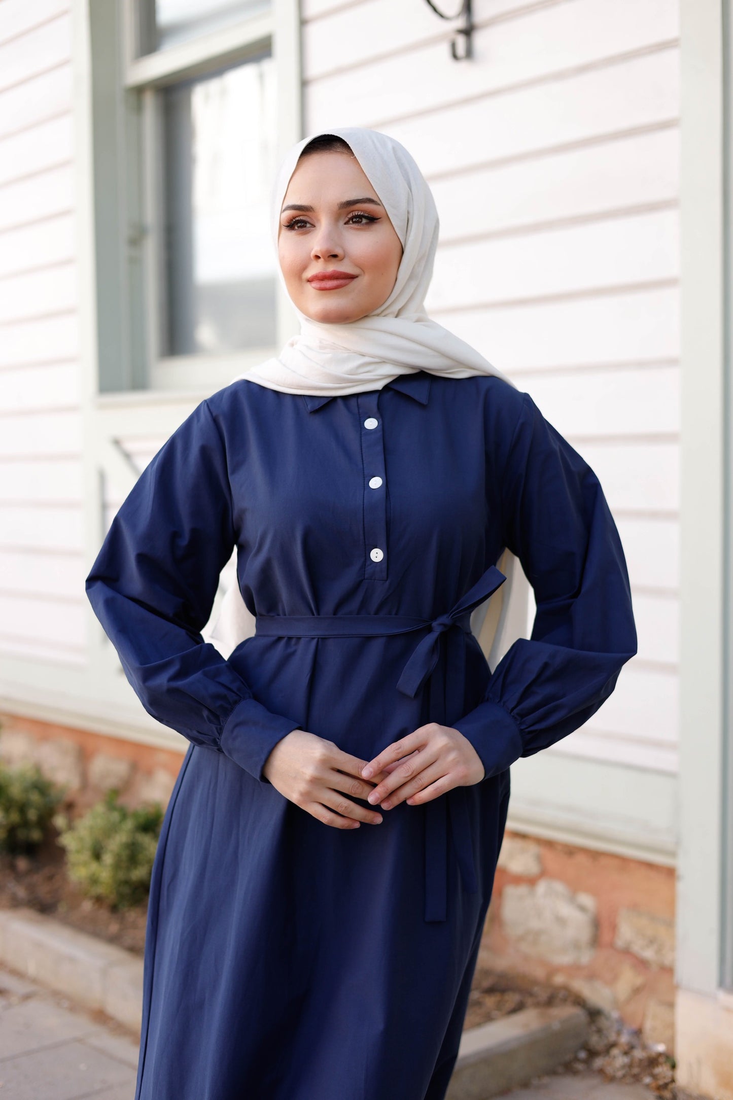 Kuşaklı Düğmeli Yüzde Yüz Pamuk Elbise – Bebe Mavisi, Siyah, Mint, Camel, Lacivert | Nueny Prive