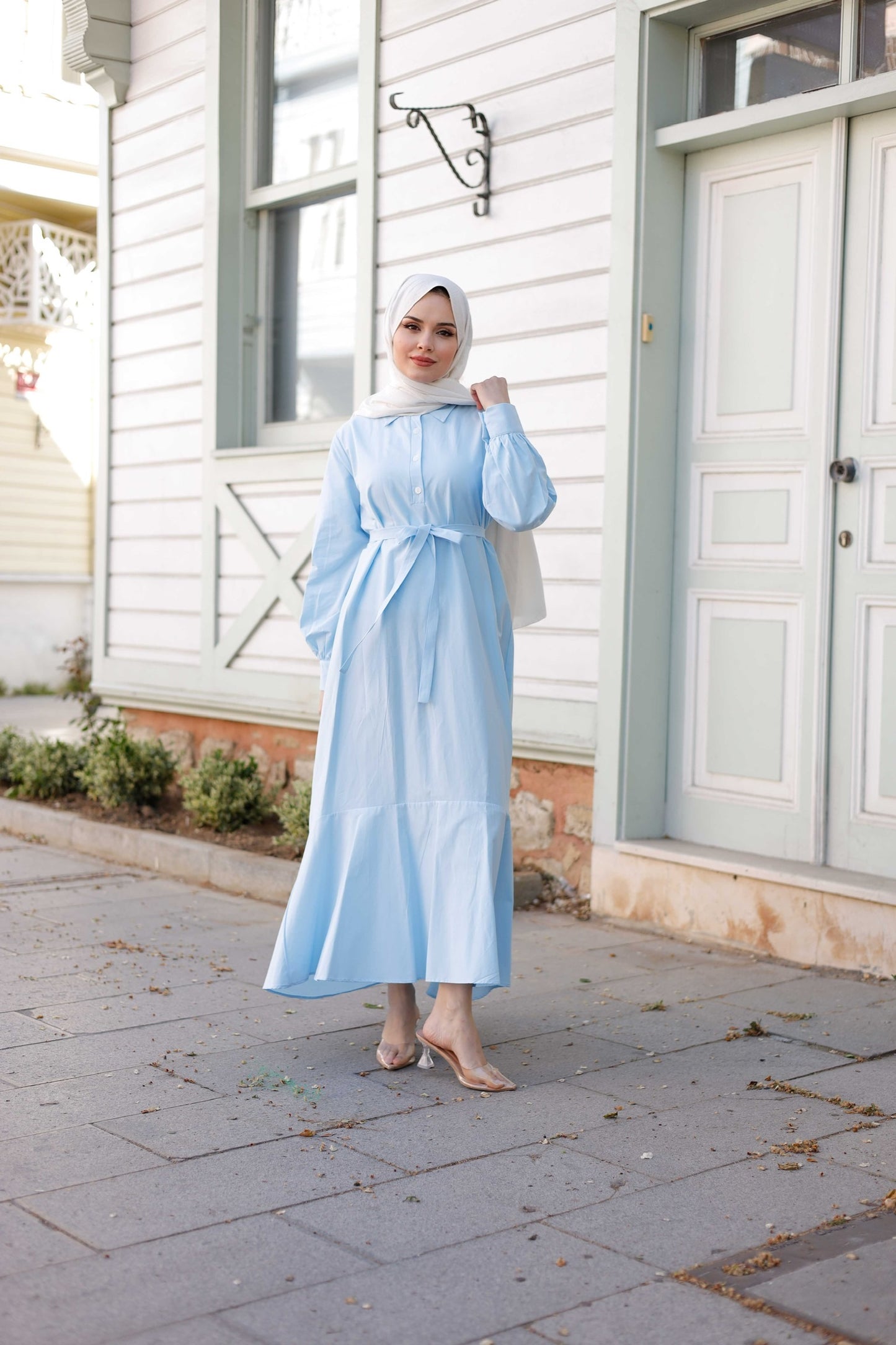 Kuşaklı Düğmeli Yüzde Yüz Pamuk Elbise – Bebe Mavisi, Siyah, Mint, Camel, Lacivert | Nueny Prive