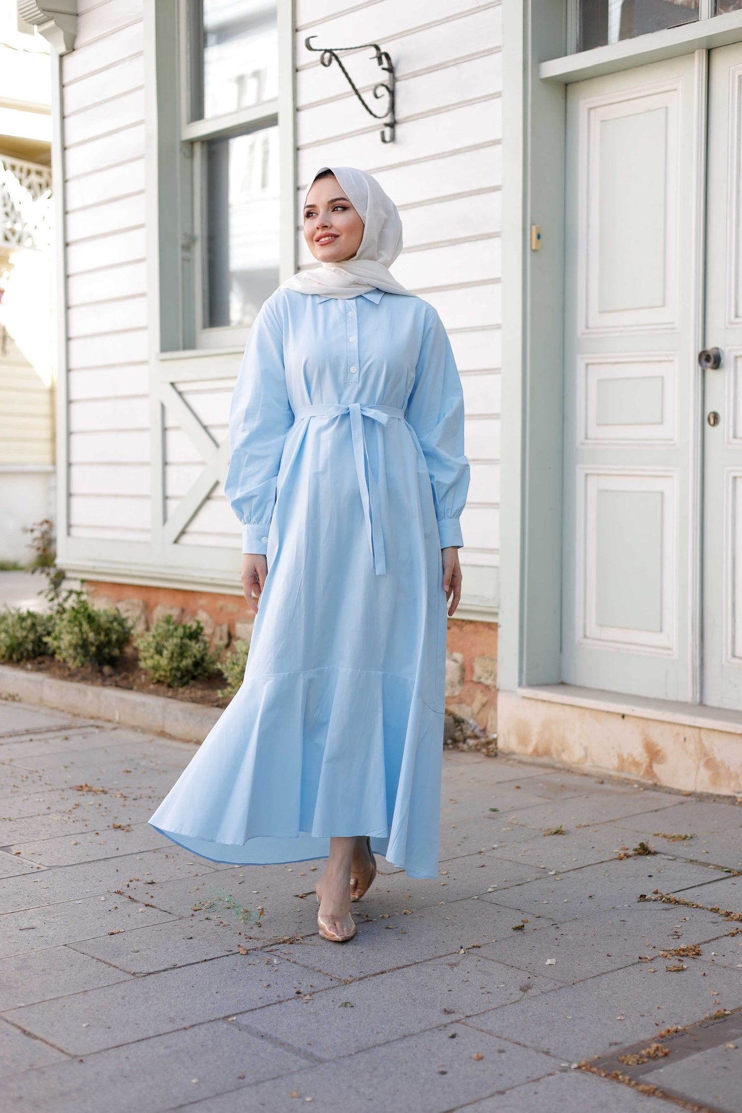 Kuşaklı Düğmeli Yüzde Yüz Pamuk Elbise – Bebe Mavisi, Siyah, Mint, Camel, Lacivert | Nueny Prive