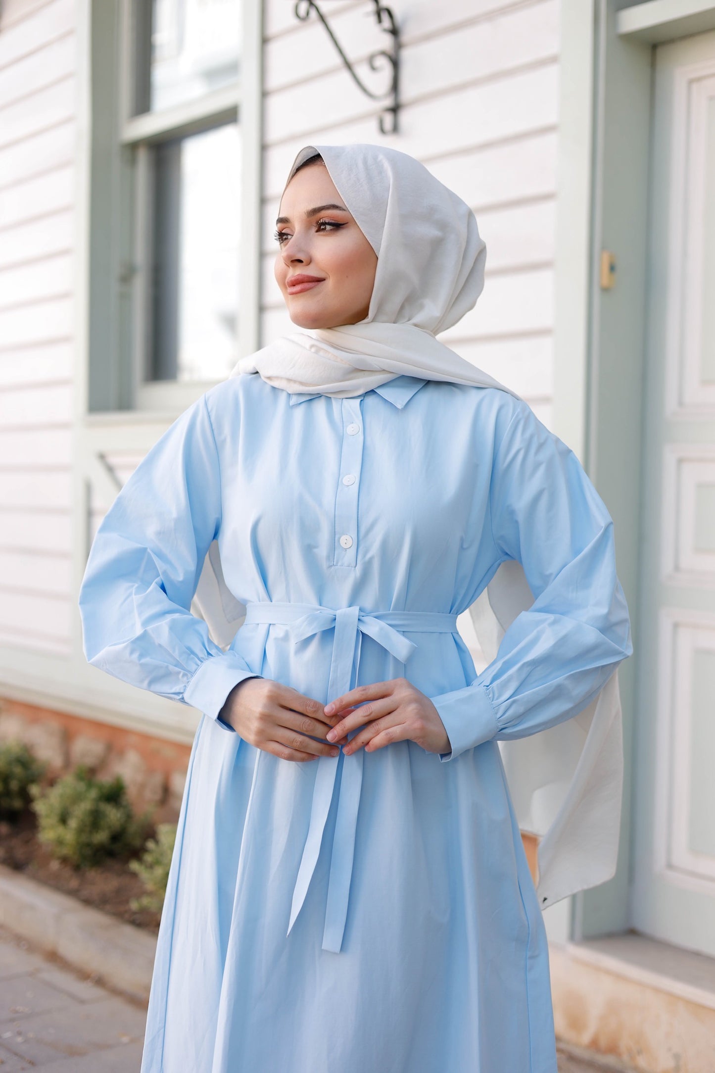Kuşaklı Düğmeli Yüzde Yüz Pamuk Elbise – Bebe Mavisi, Siyah, Mint, Camel, Lacivert | Nueny Prive