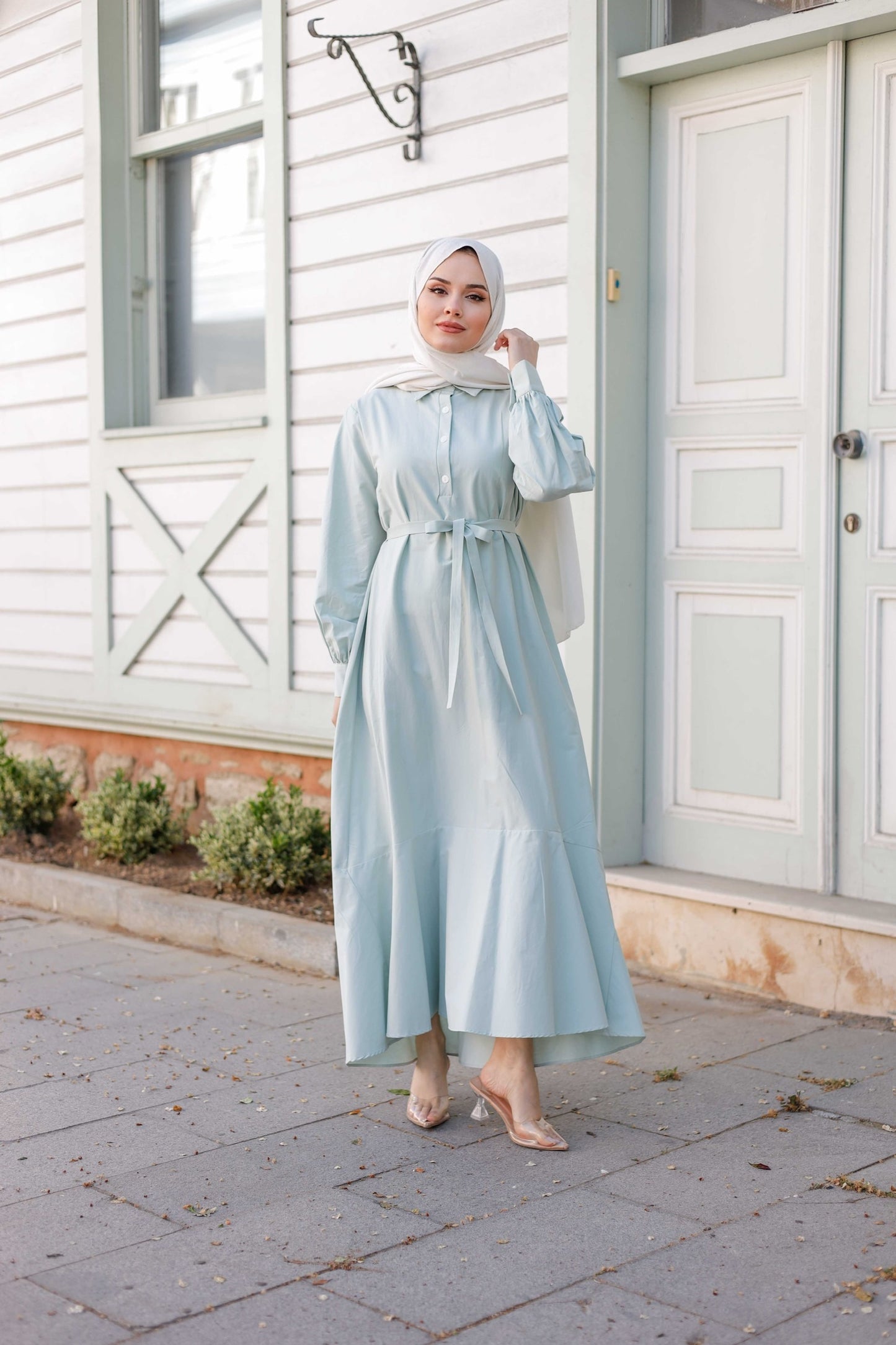 Kuşaklı Düğmeli Yüzde Yüz Pamuk Elbise – Bebe Mavisi, Siyah, Mint, Camel, Lacivert | Nueny Prive