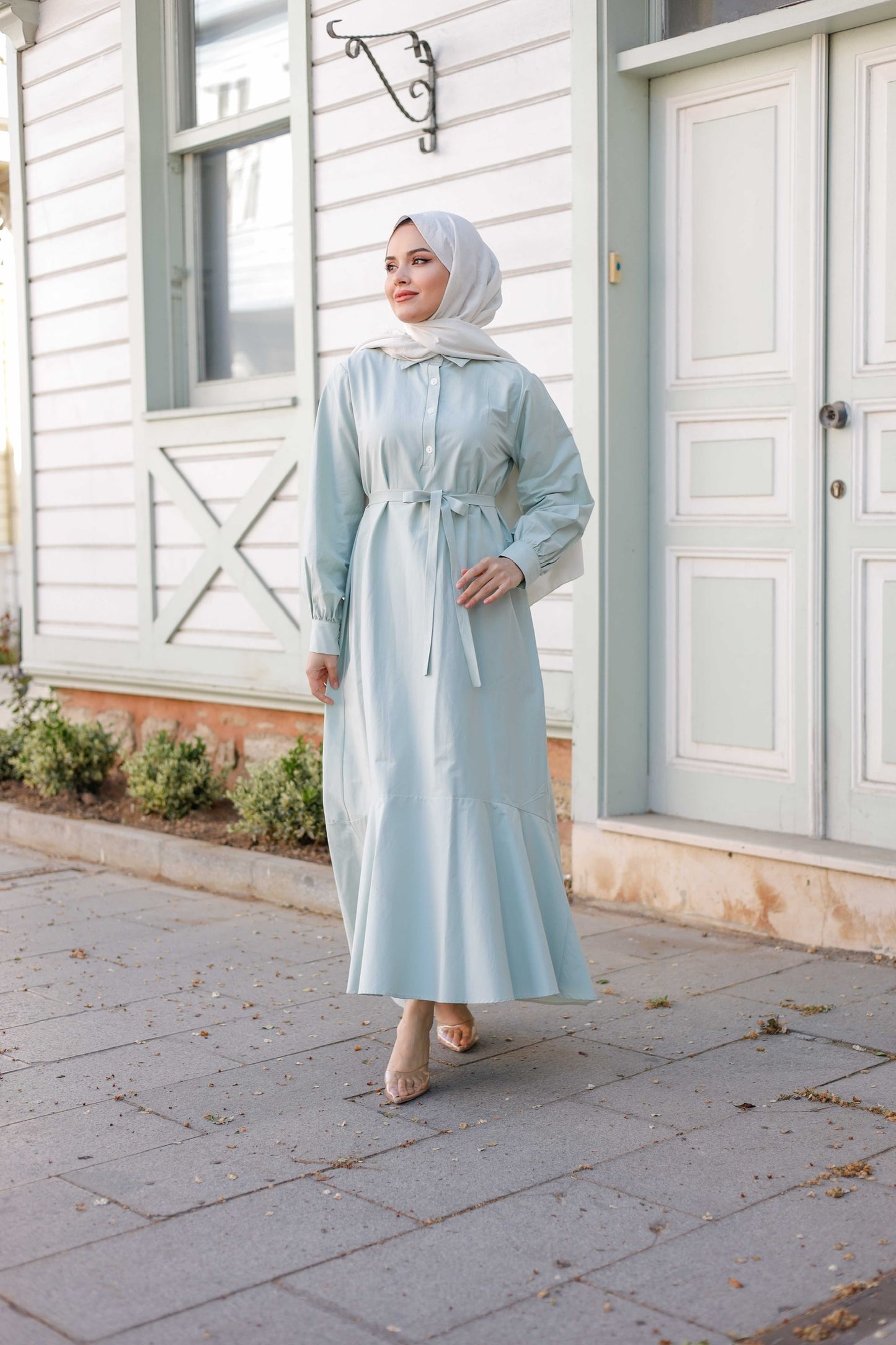 Kuşaklı Düğmeli Yüzde Yüz Pamuk Elbise – Bebe Mavisi, Siyah, Mint, Camel, Lacivert | Nueny Prive
