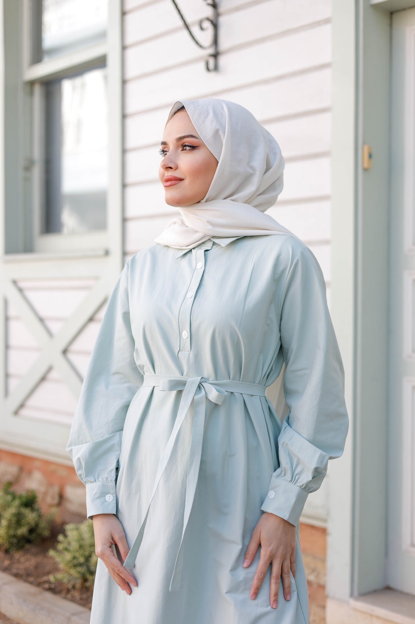 Kuşaklı Düğmeli Yüzde Yüz Pamuk Elbise – Bebe Mavisi, Siyah, Mint, Camel, Lacivert | Nueny Prive