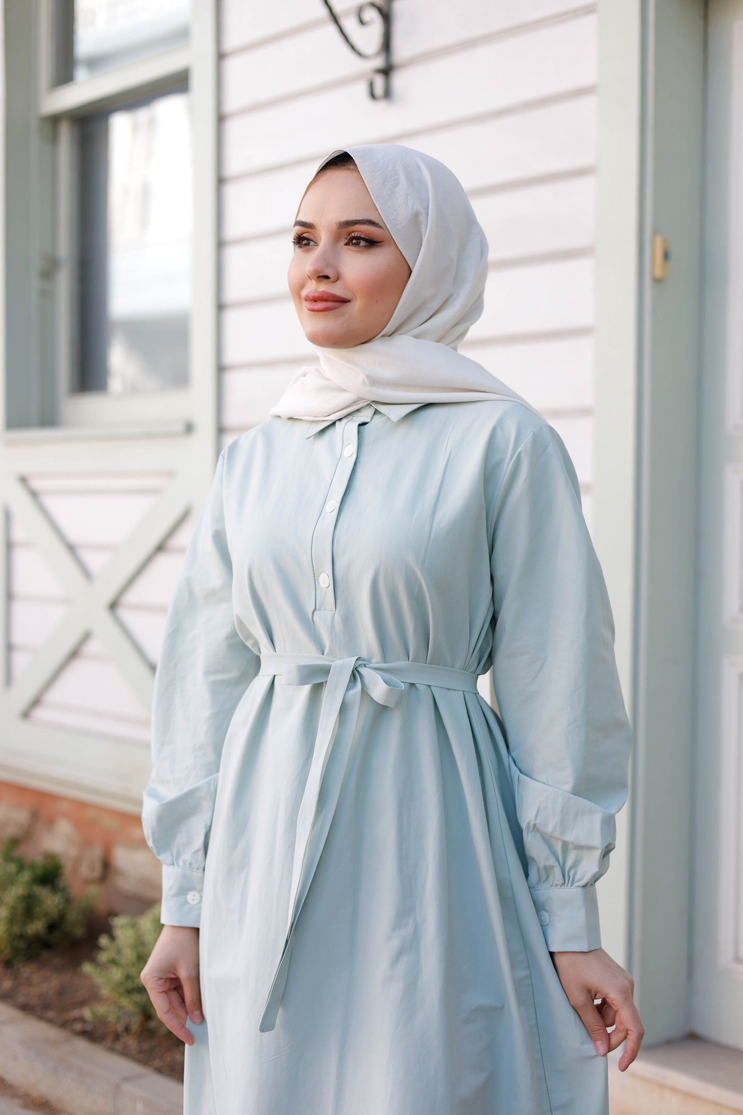 Kuşaklı Düğmeli Yüzde Yüz Pamuk Elbise – Bebe Mavisi, Siyah, Mint, Camel, Lacivert | Nueny Prive