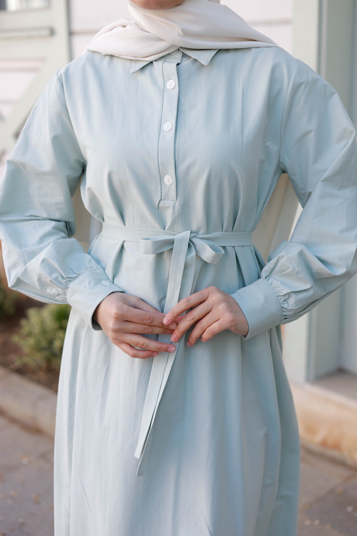Kuşaklı Düğmeli Yüzde Yüz Pamuk Elbise – Bebe Mavisi, Siyah, Mint, Camel, Lacivert | Nueny Prive