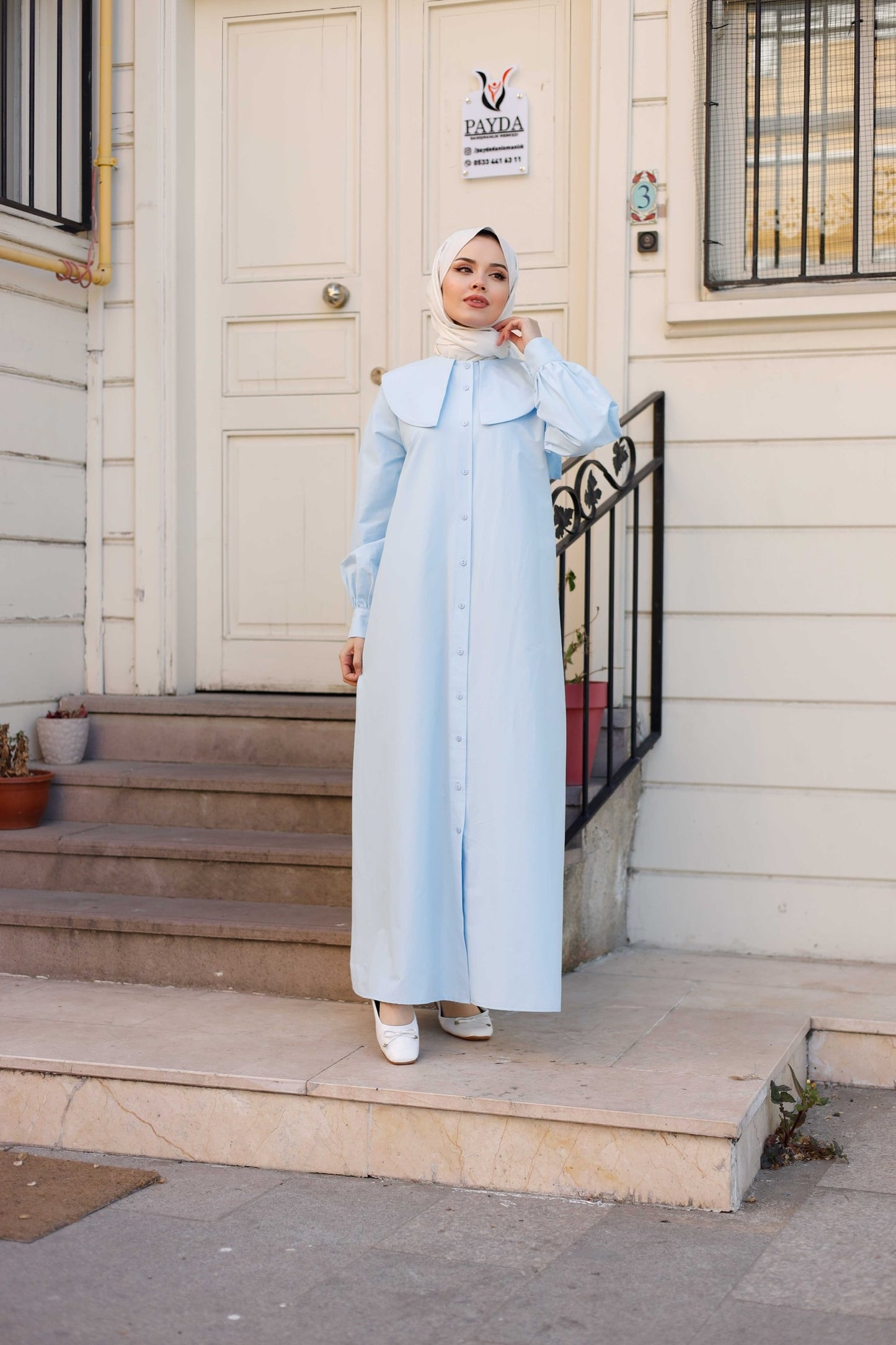 %100 Pamuk Oversize Yaka Kuşaklı Tesettür Düğmeli Elbise (5 Renk Seçeneği - 38/44 Beden)