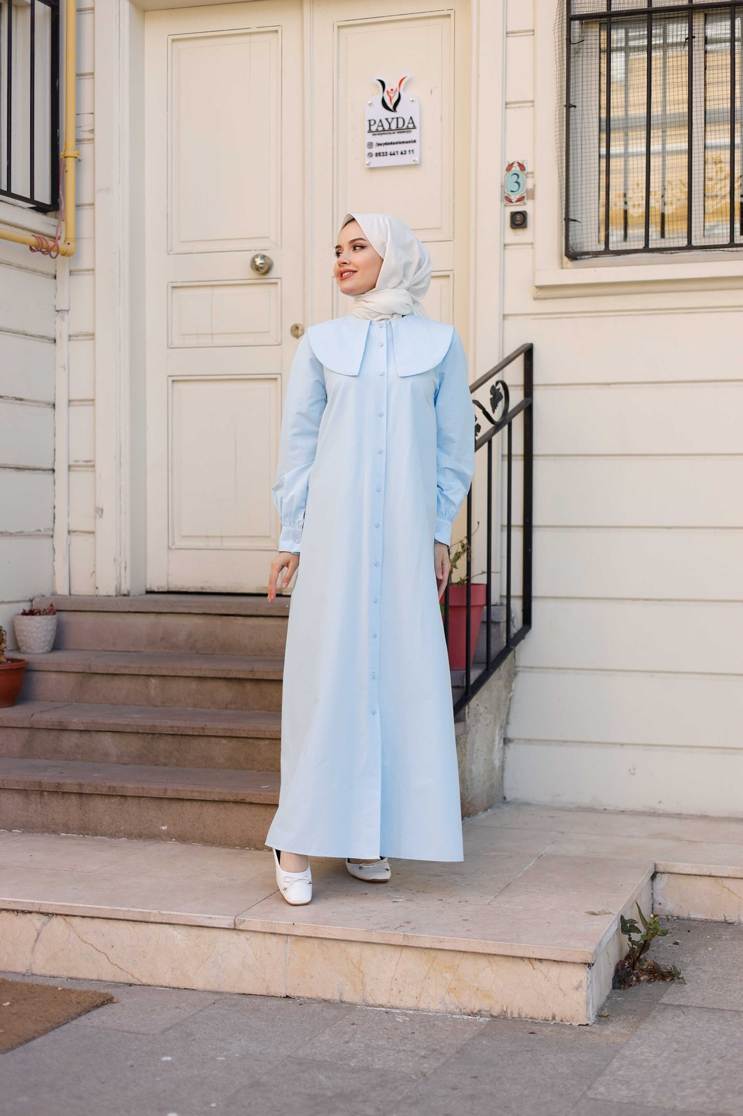 %100 Pamuk Oversize Yaka Kuşaklı Tesettür Düğmeli Elbise (5 Renk Seçeneği - 38/44 Beden)