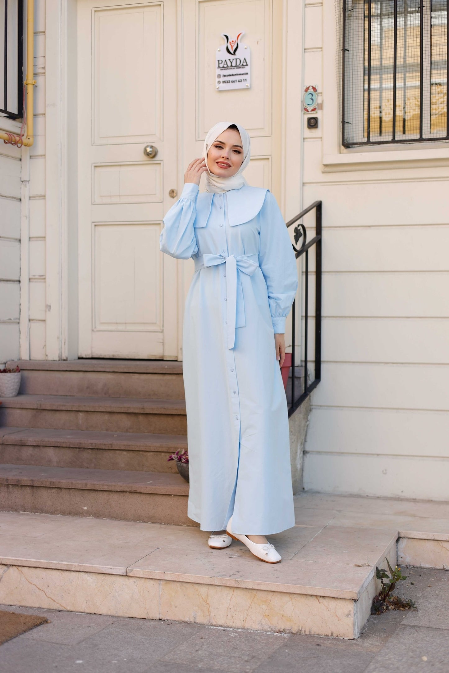 %100 Pamuk Oversize Yaka Kuşaklı Tesettür Düğmeli Elbise (5 Renk Seçeneği - 38/44 Beden)