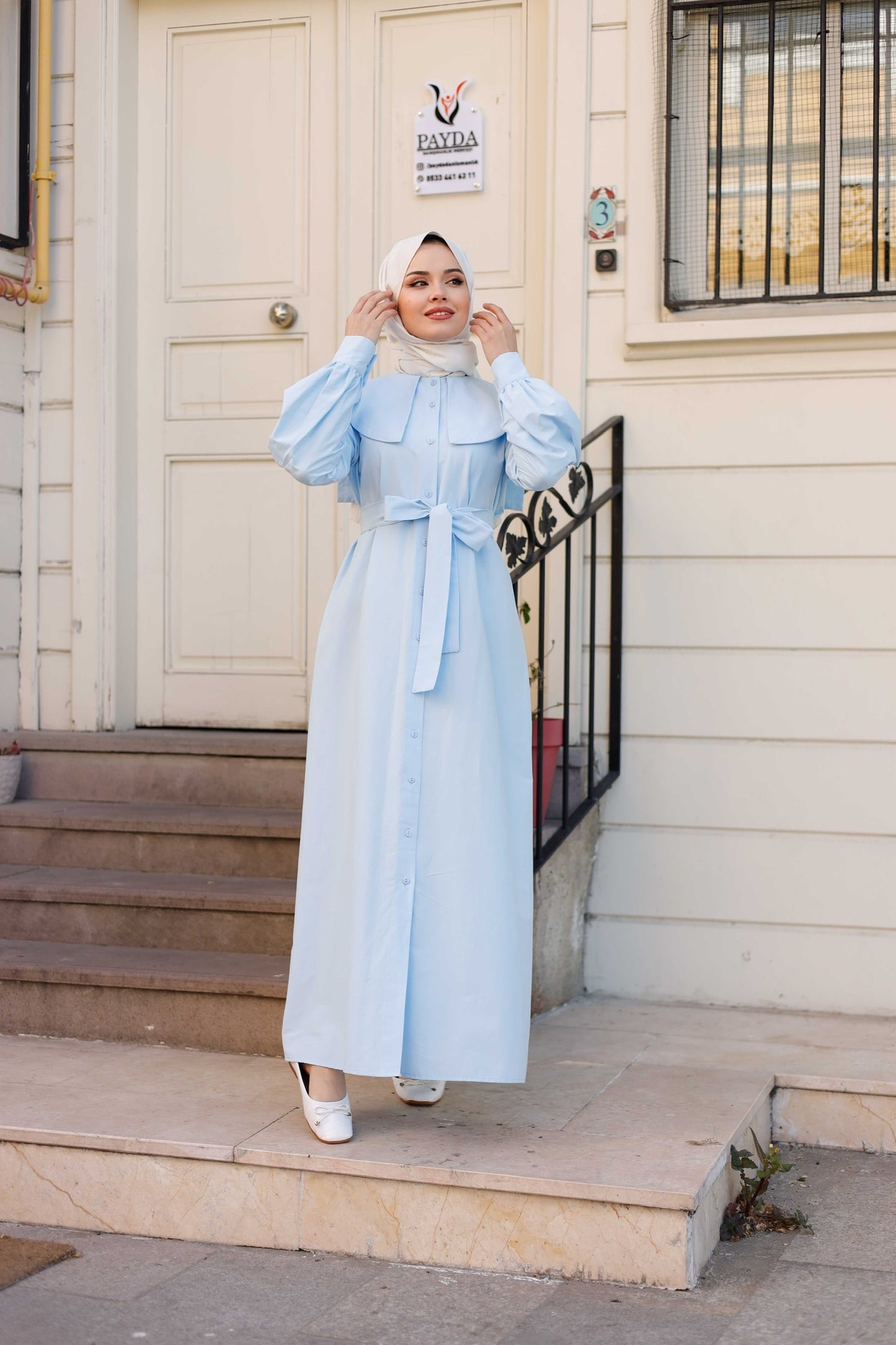 %100 Pamuk Oversize Yaka Kuşaklı Tesettür Düğmeli Elbise (5 Renk Seçeneği - 38/44 Beden)