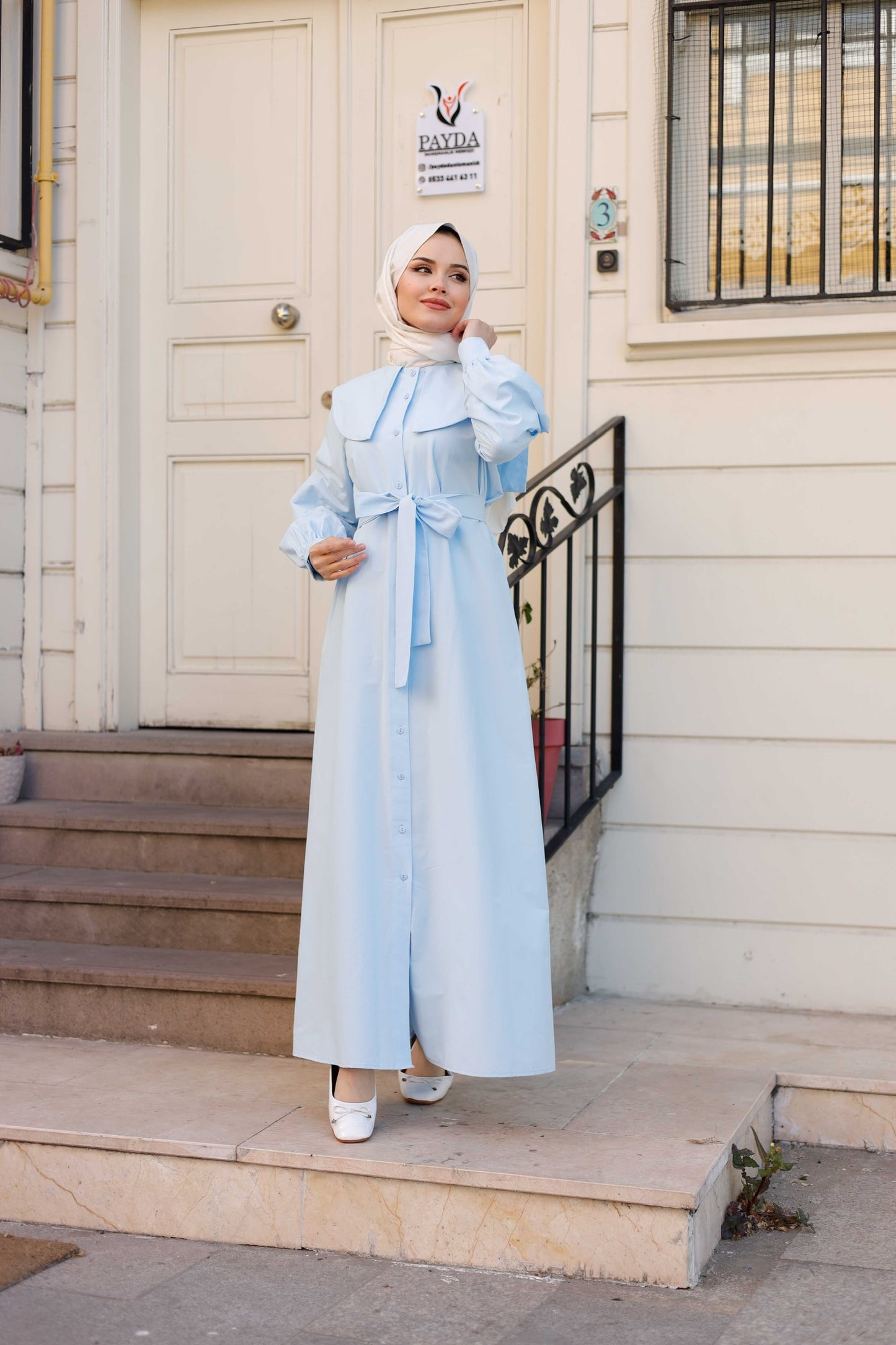 %100 Pamuk Oversize Yaka Kuşaklı Tesettür Düğmeli Elbise (5 Renk Seçeneği - 38/44 Beden)