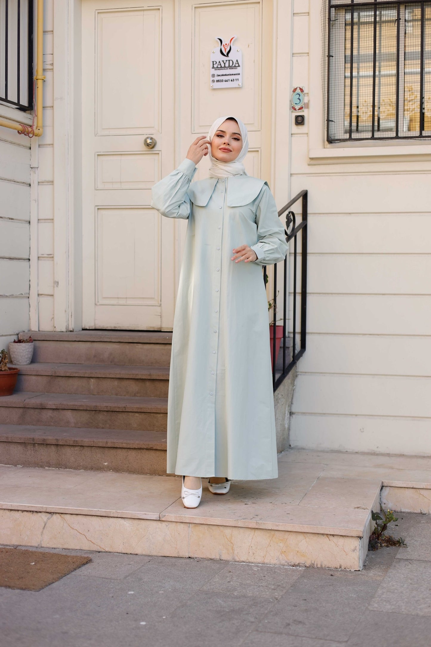 %100 Pamuk Oversize Yaka Kuşaklı Tesettür Düğmeli Elbise (5 Renk Seçeneği - 38/44 Beden)