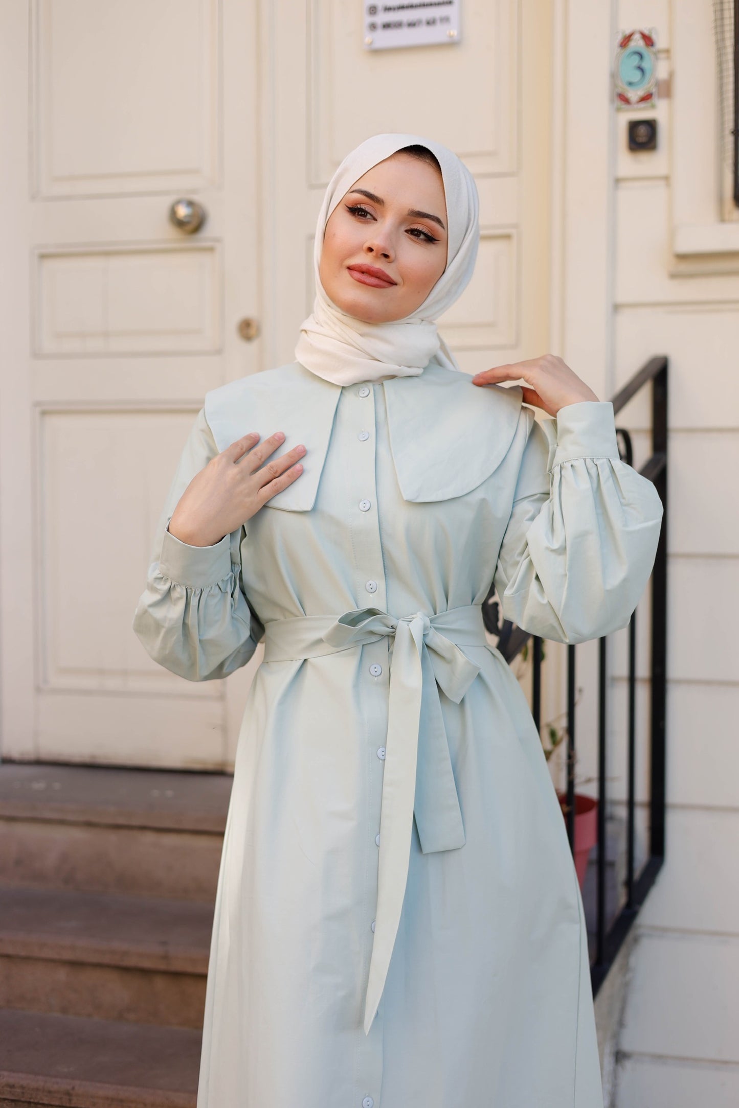 %100 Pamuk Oversize Yaka Kuşaklı Tesettür Düğmeli Elbise (5 Renk Seçeneği - 38/44 Beden)
