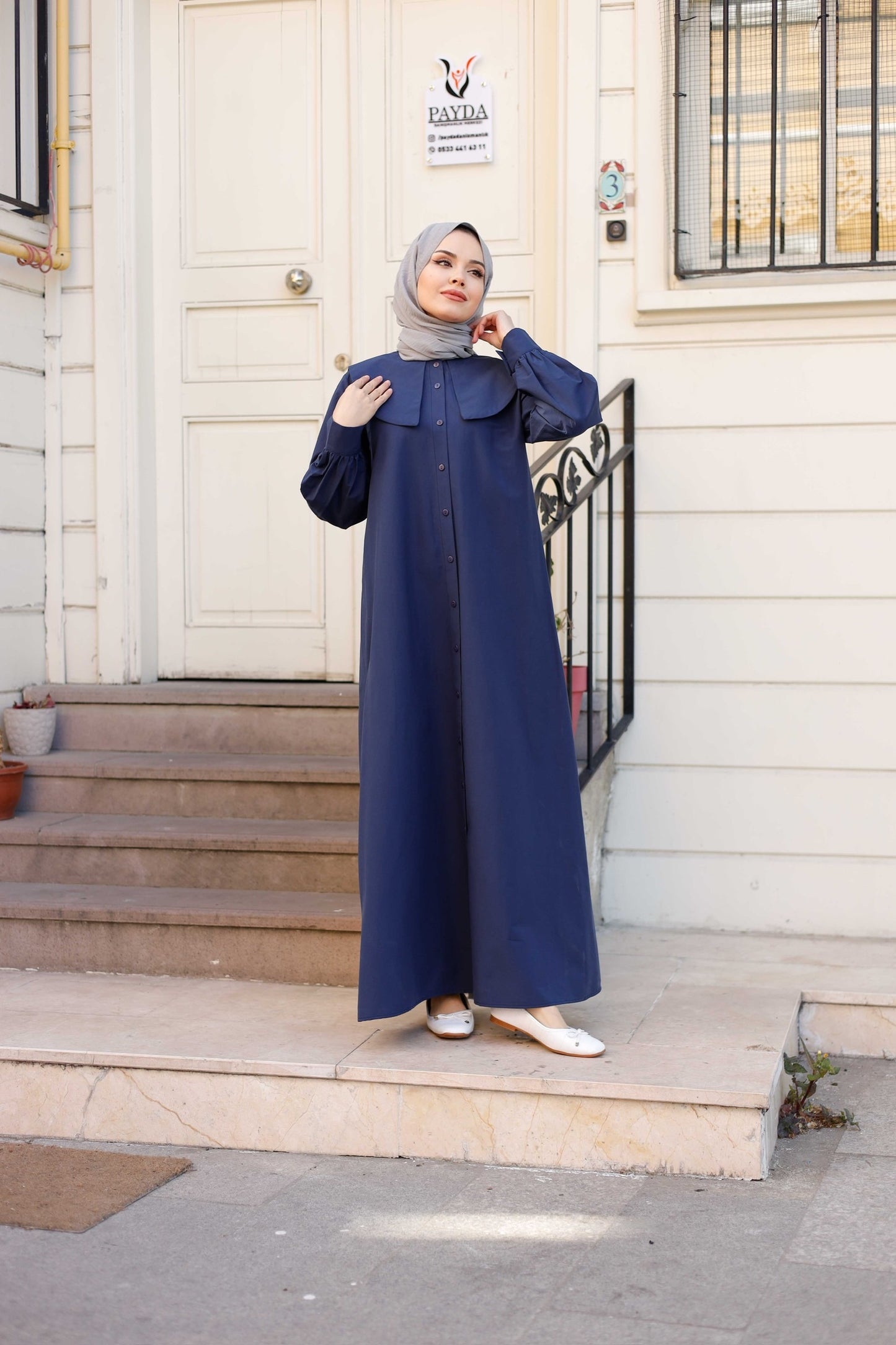 %100 Pamuk Oversize Yaka Kuşaklı Tesettür Düğmeli Elbise (5 Renk Seçeneği - 38/44 Beden)