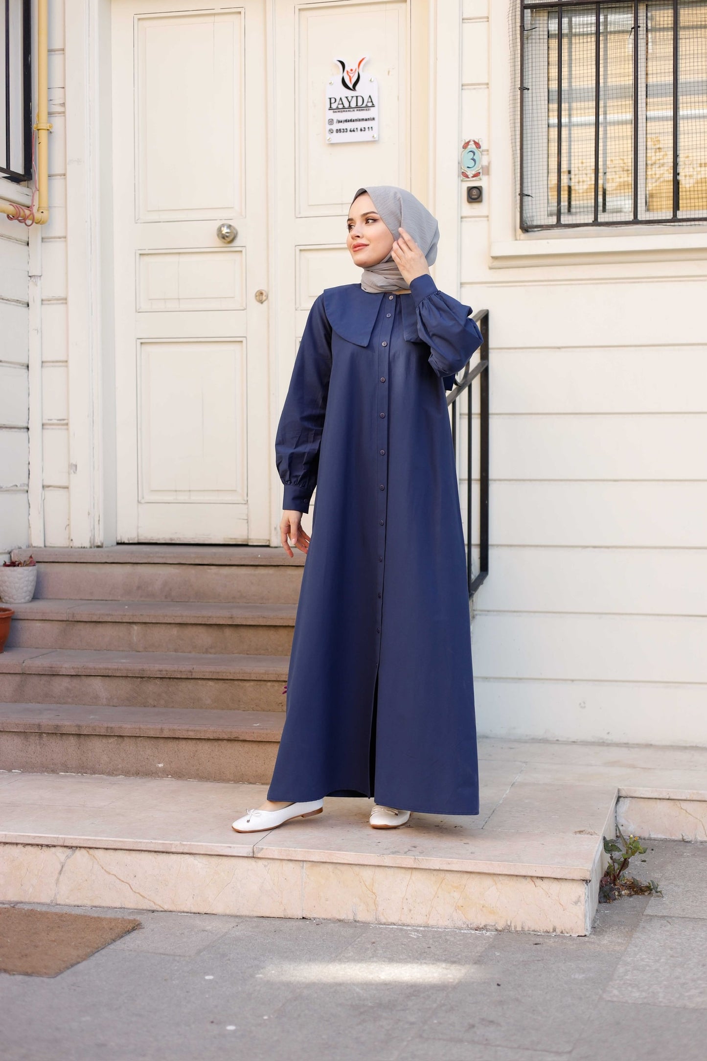 %100 Pamuk Oversize Yaka Kuşaklı Tesettür Düğmeli Elbise (5 Renk Seçeneği - 38/44 Beden)