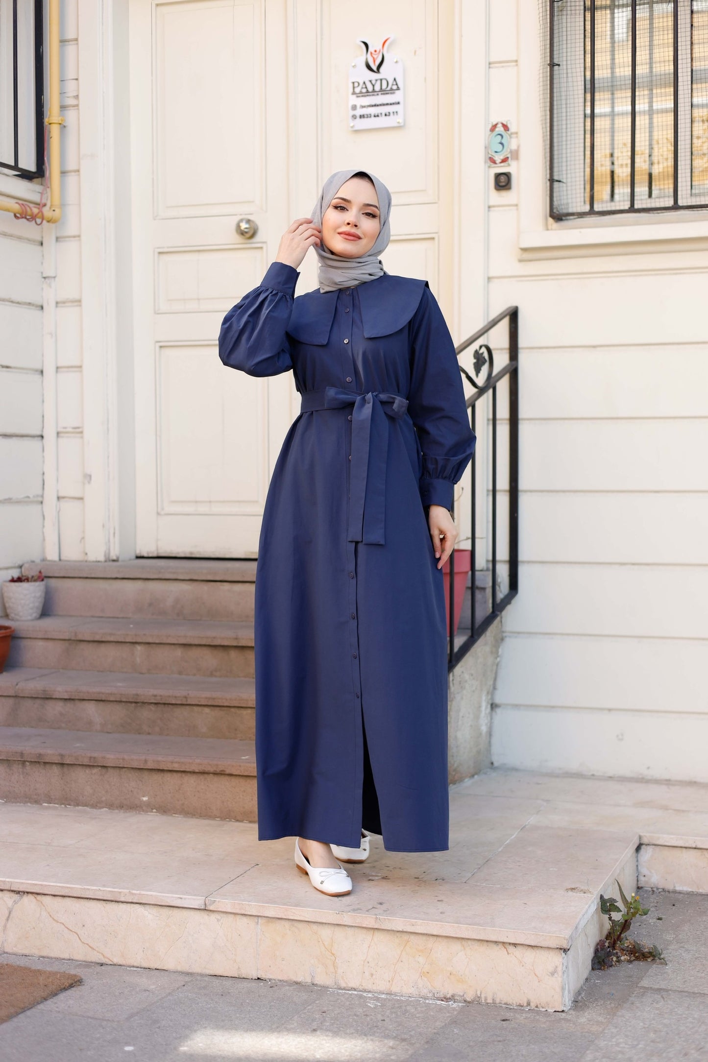 %100 Pamuk Oversize Yaka Kuşaklı Tesettür Düğmeli Elbise (5 Renk Seçeneği - 38/44 Beden)