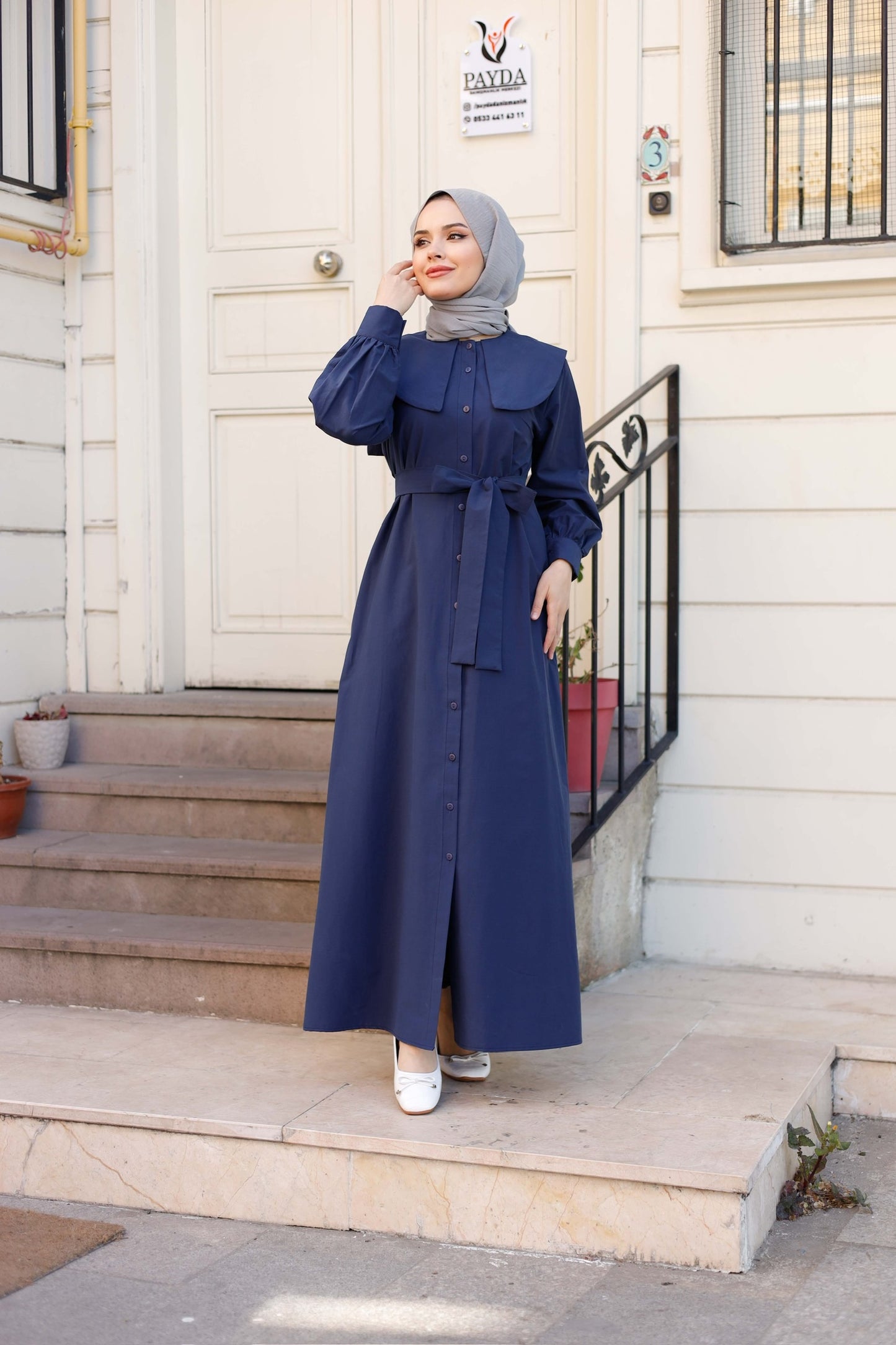 %100 Pamuk Oversize Yaka Kuşaklı Tesettür Düğmeli Elbise (5 Renk Seçeneği - 38/44 Beden)