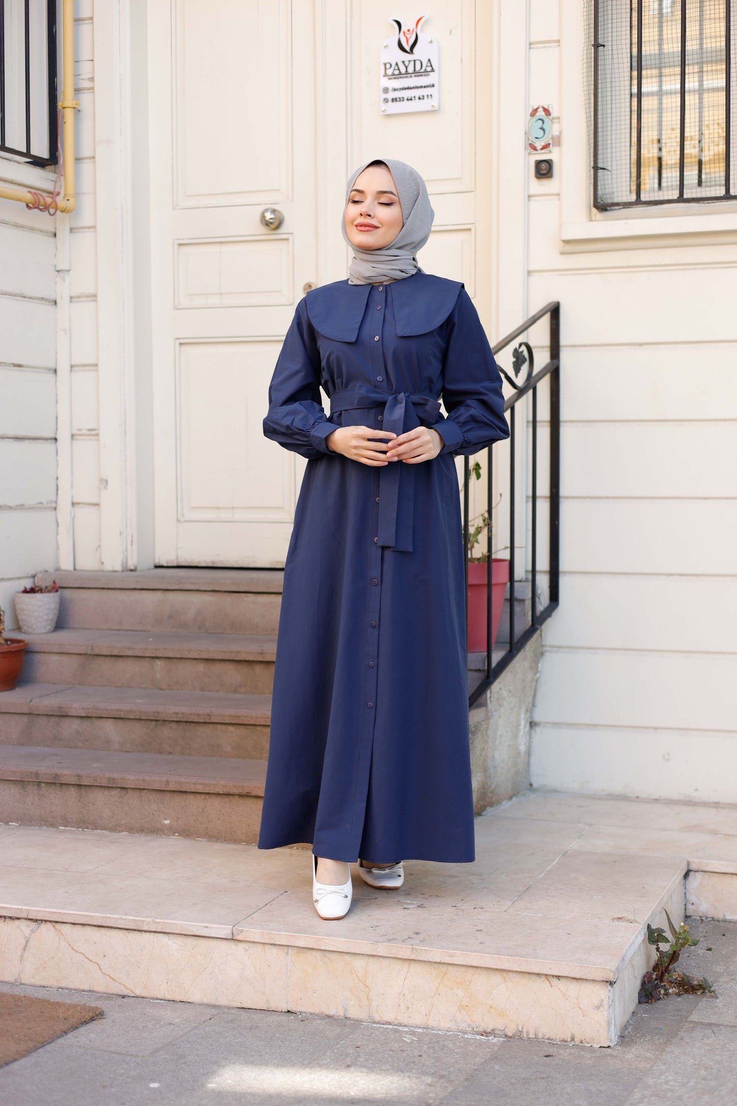 %100 Pamuk Oversize Yaka Kuşaklı Tesettür Düğmeli Elbise (5 Renk Seçeneği - 38/44 Beden)