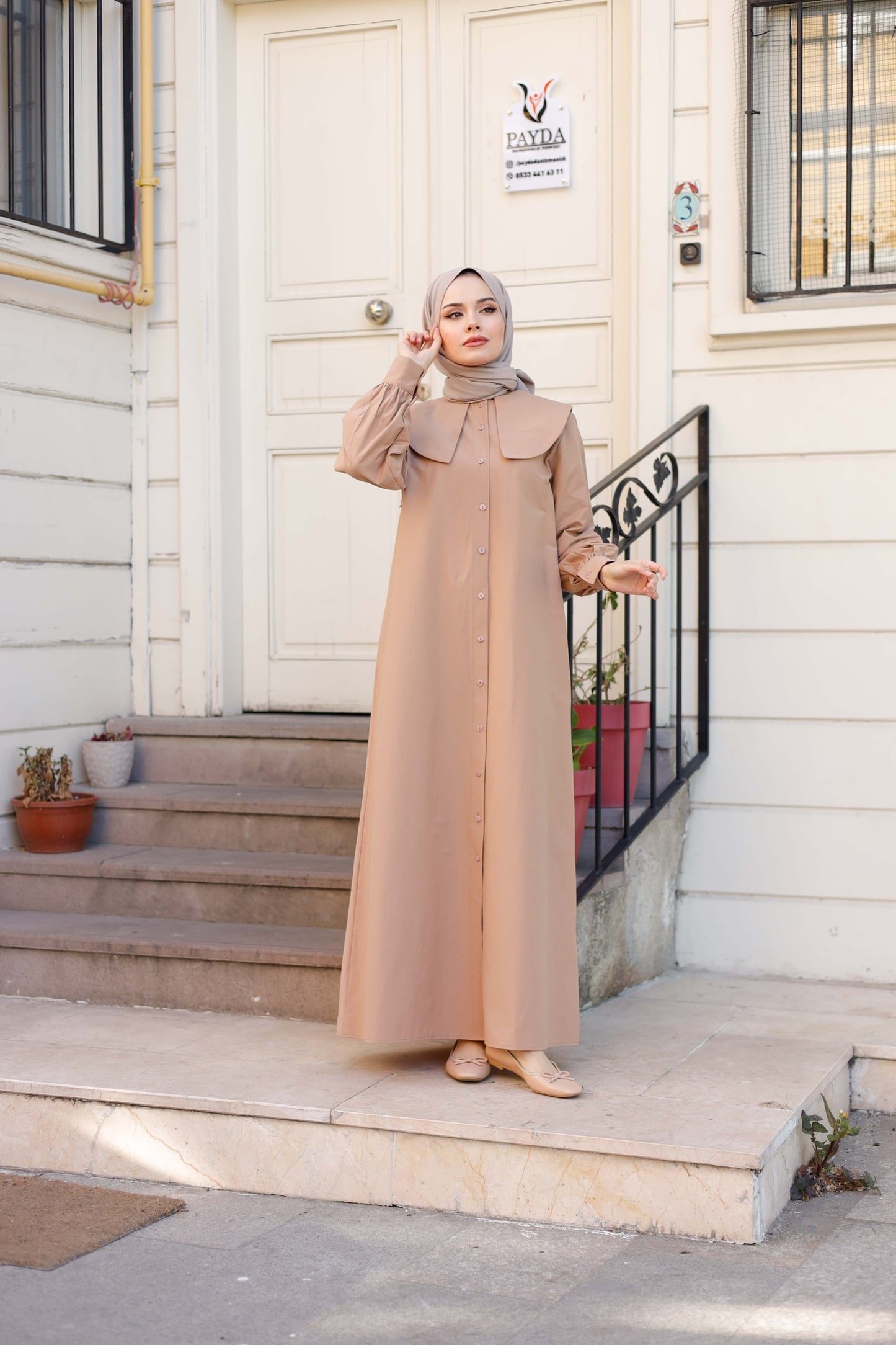 %100 Pamuk Oversize Yaka Kuşaklı Tesettür Düğmeli Elbise (5 Renk Seçeneği - 38/44 Beden)