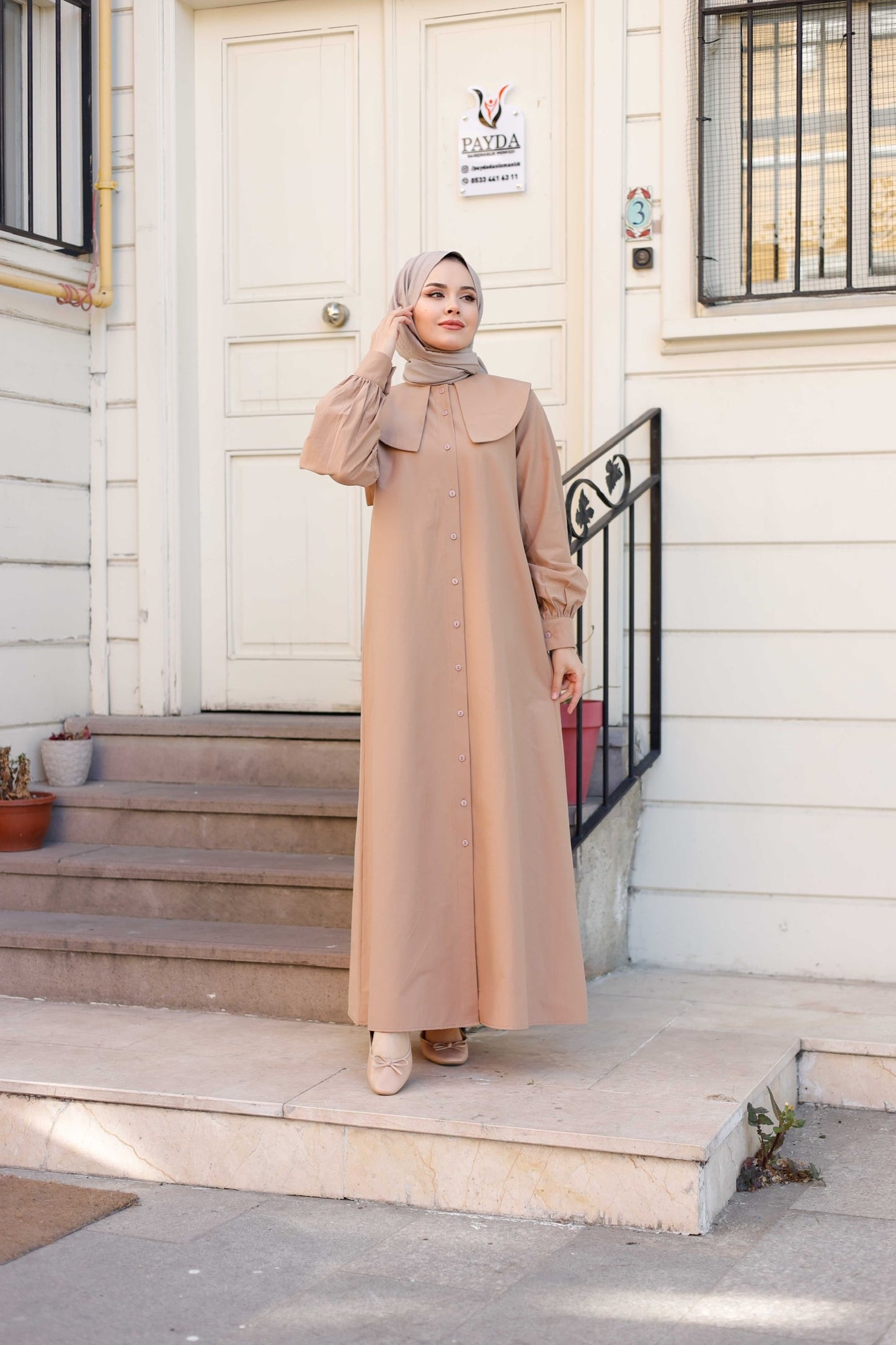 %100 Pamuk Oversize Yaka Kuşaklı Tesettür Düğmeli Elbise (5 Renk Seçeneği - 38/44 Beden)