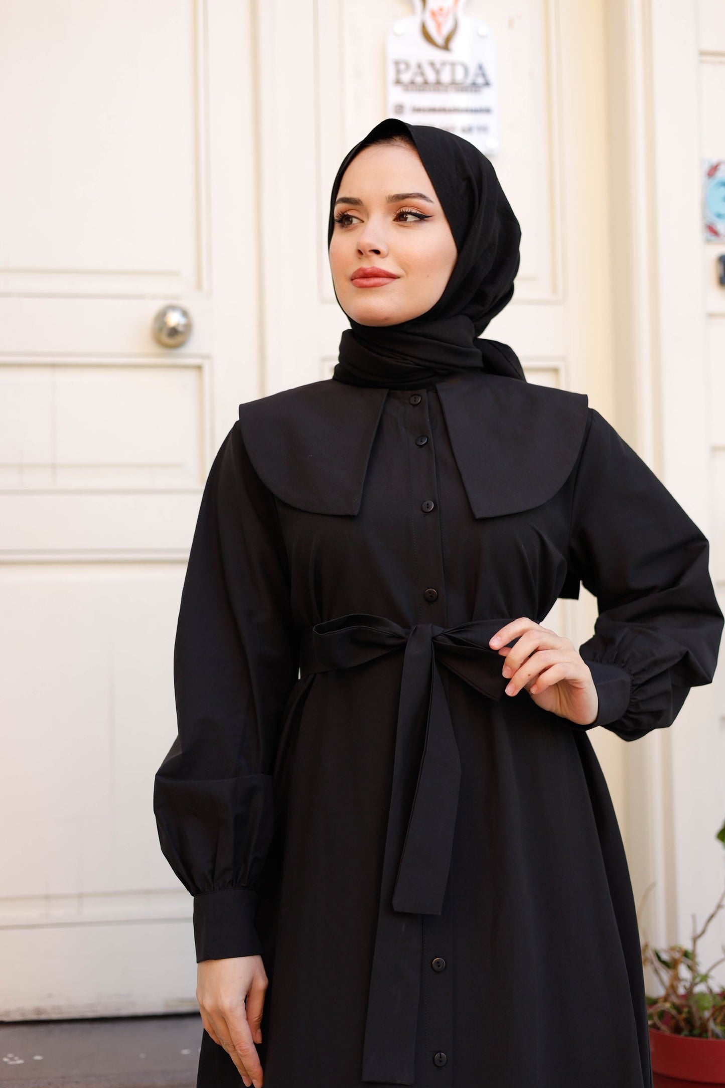%100 Pamuk Oversize Yaka Kuşaklı Tesettür Düğmeli Elbise (5 Renk Seçeneği - 38/44 Beden)