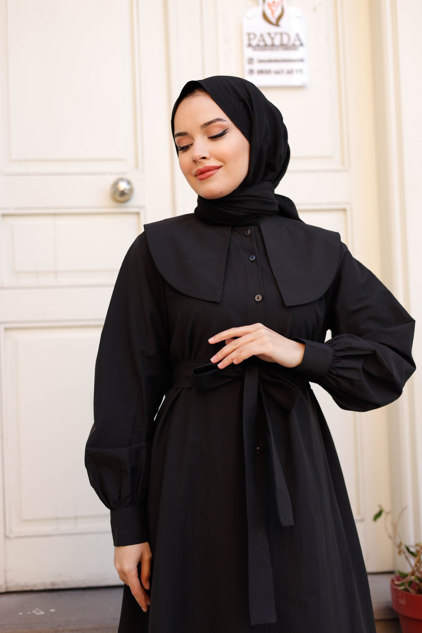 %100 Pamuk Oversize Yaka Kuşaklı Tesettür Düğmeli Elbise (5 Renk Seçeneği - 38/44 Beden)