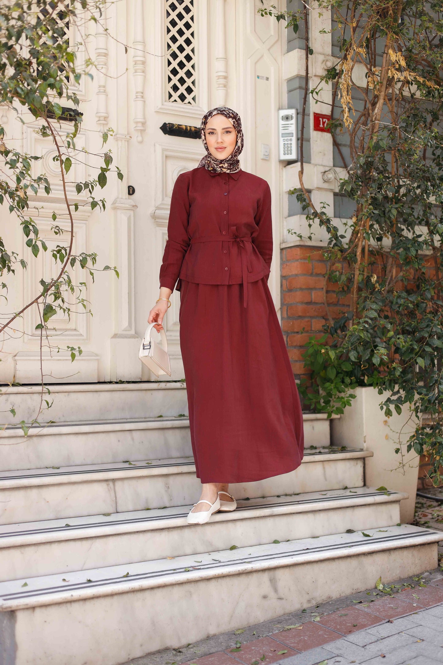 Tensel Kumaş Etekli İkili Takım | Kuşak Detaylı | 4 Renk | 38-44 Beden
