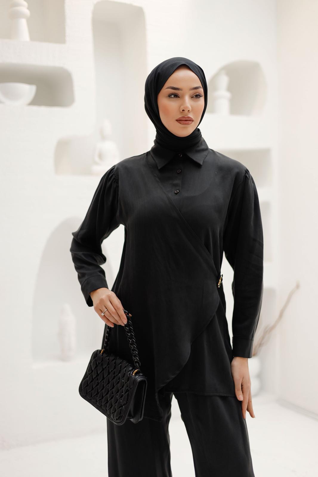 KRUVAZE İPEK KUPRA PANTOLONLU TAKIM