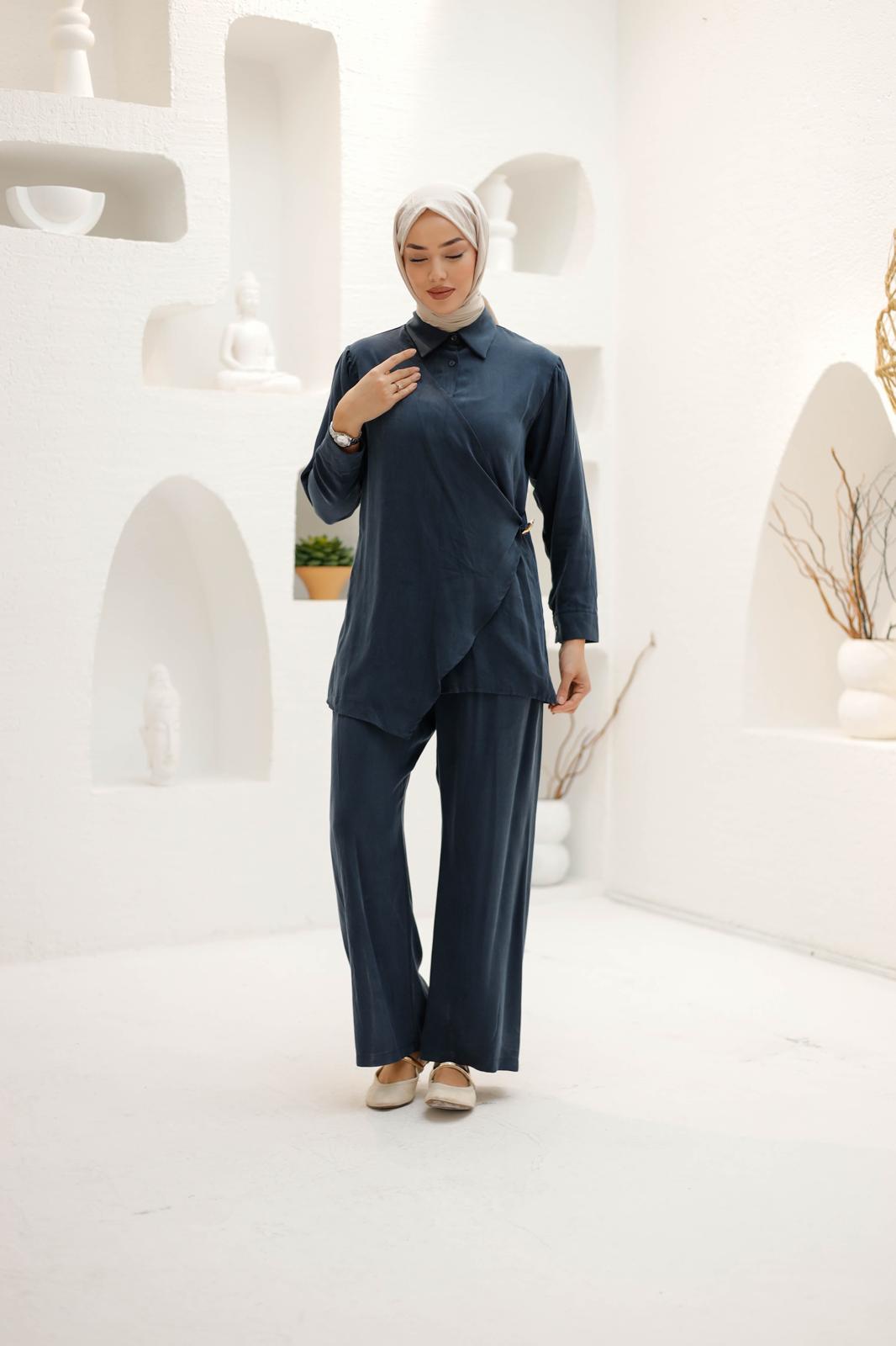 KRUVAZE İPEK KUPRA PANTOLONLU TAKIM