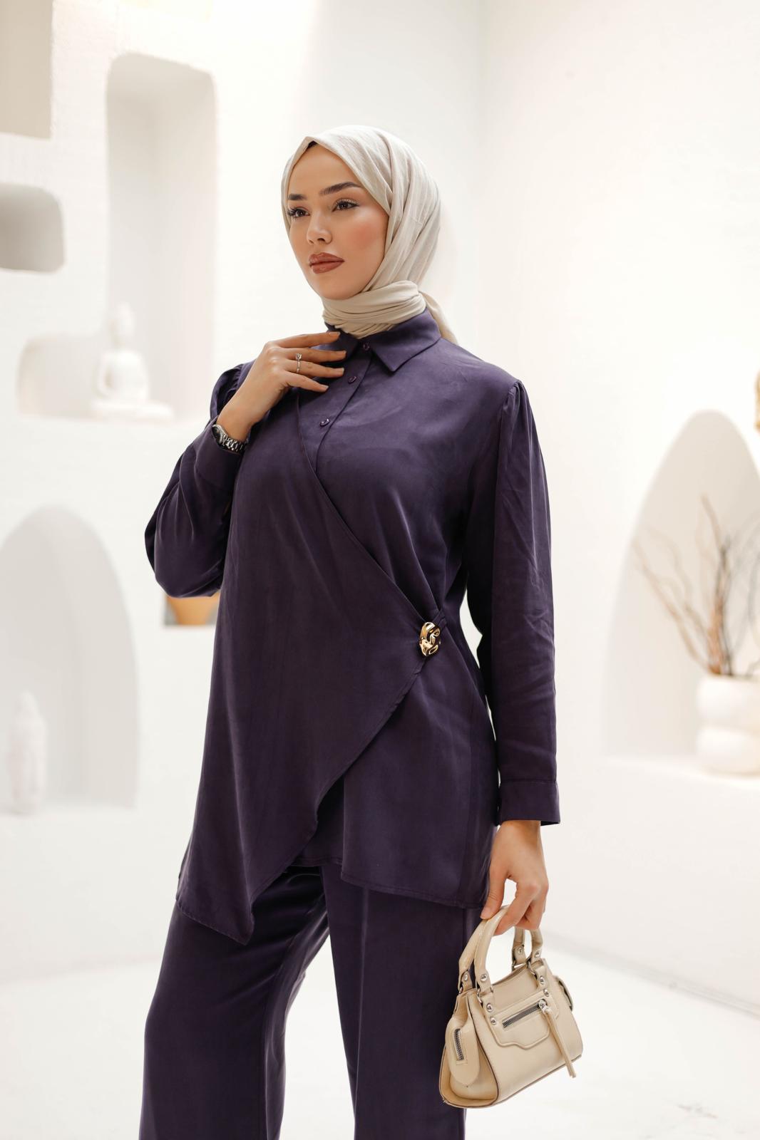 KRUVAZE İPEK KUPRA PANTOLONLU TAKIM