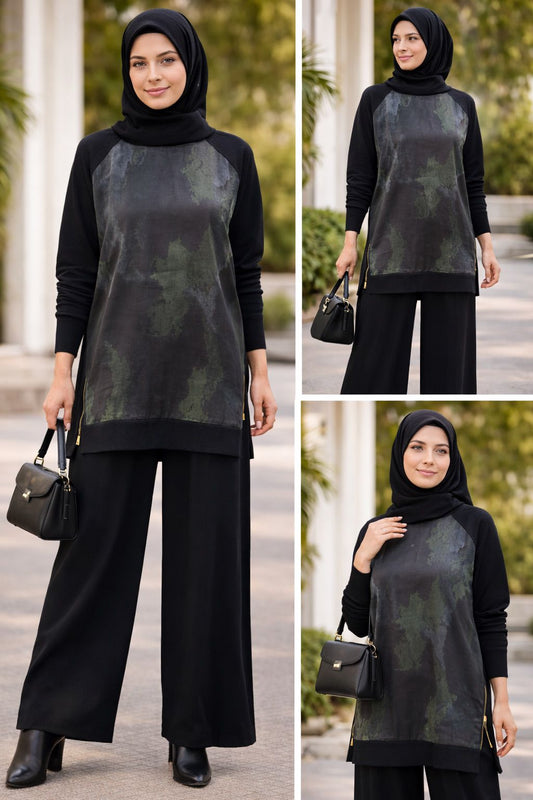 MERSERİZE YAN FERMUARLI BATİK DESEN İPEK KUPRA TAKIM