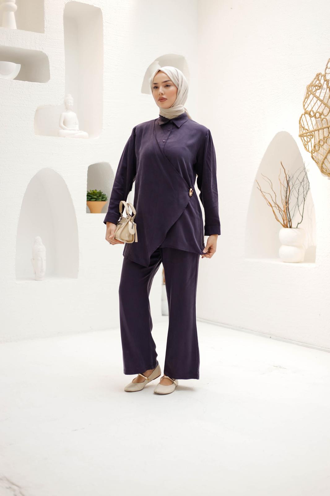 KRUVAZE İPEK KUPRA PANTOLONLU TAKIM