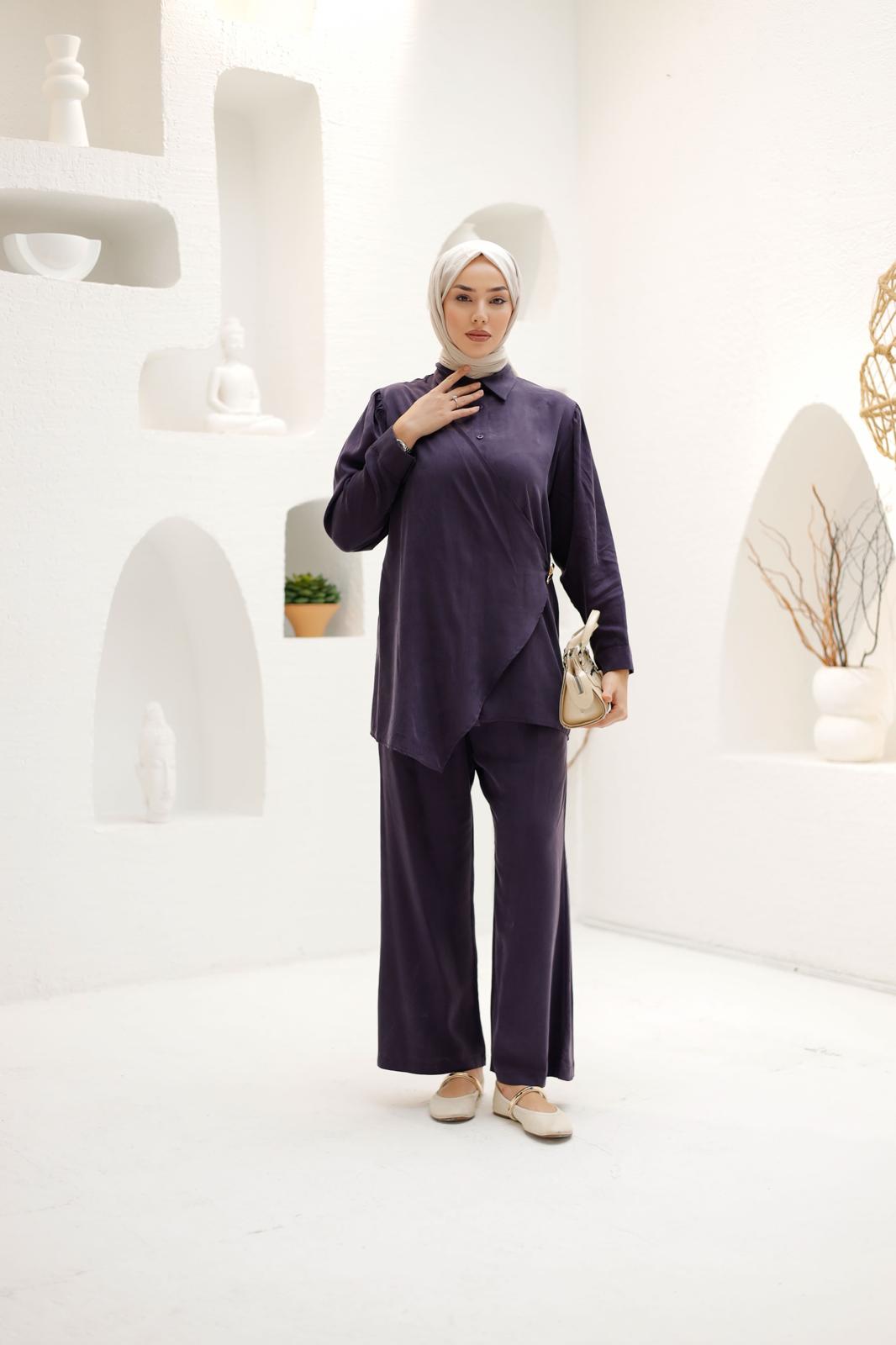 KRUVAZE İPEK KUPRA PANTOLONLU TAKIM