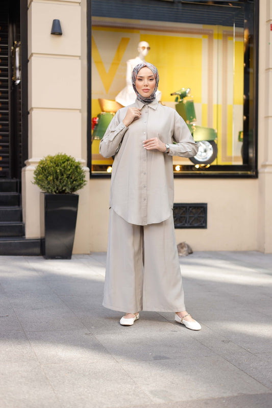Tensel Kumaş Oversize Tesettür İkili Takım – Bej & Mavi Renk Seçenekli