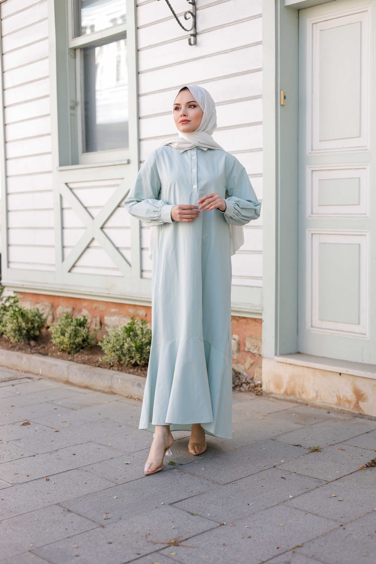 Kuşaklı Düğmeli Yüzde Yüz Pamuk Elbise – Bebe Mavisi, Siyah, Mint, Camel, Lacivert | Nueny Prive
