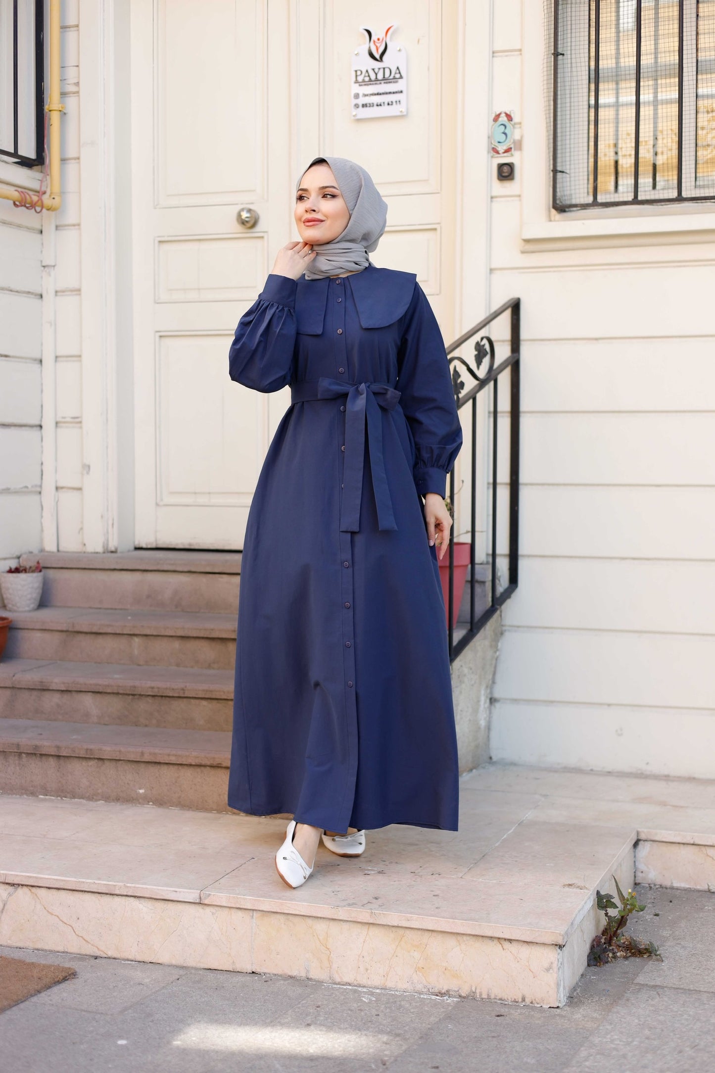 %100 Pamuk Oversize Yaka Kuşaklı Tesettür Düğmeli Elbise (5 Renk Seçeneği - 38/44 Beden)
