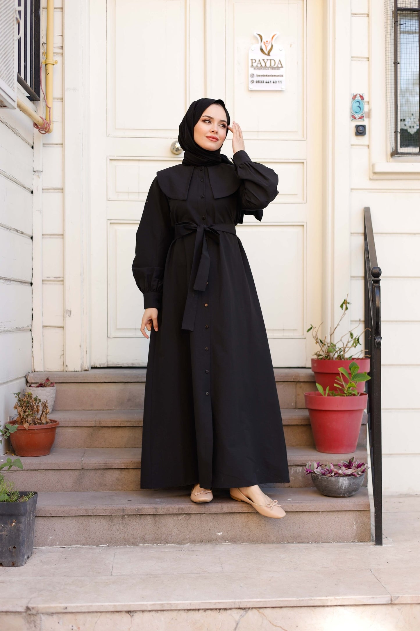%100 Pamuk Oversize Yaka Kuşaklı Tesettür Düğmeli Elbise (5 Renk Seçeneği - 38/44 Beden)