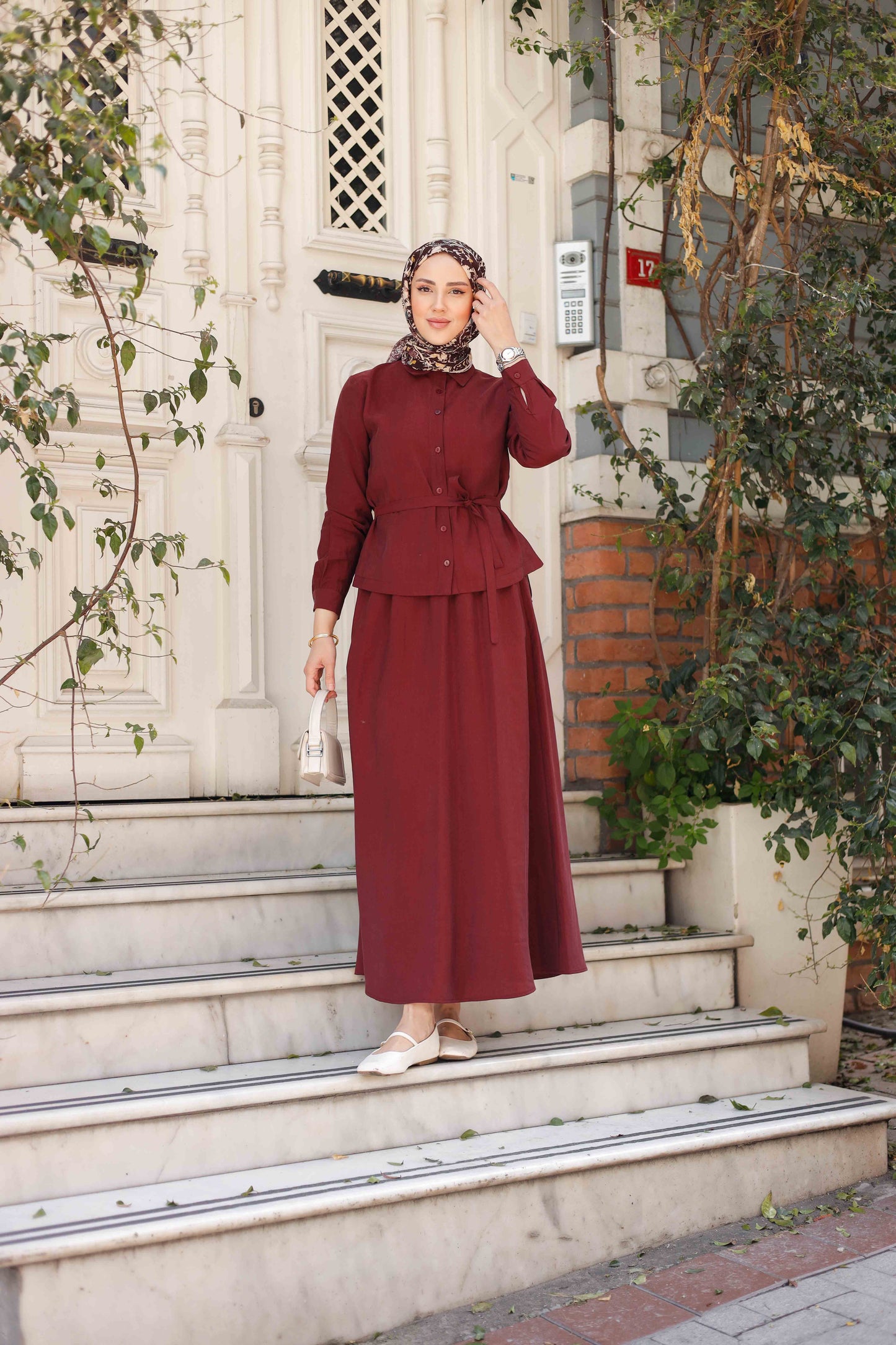 Tensel Kumaş Etekli İkili Takım | Kuşak Detaylı | 4 Renk | 38-44 Beden
