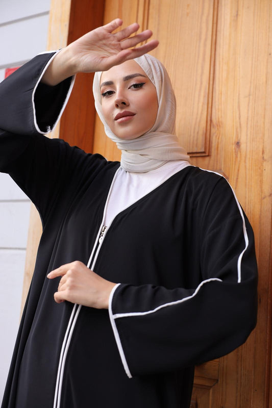 İthal Medine İpeği Biye Detaylı Oversize Ferace – Siyah & Lacivert | 38-46 Beden