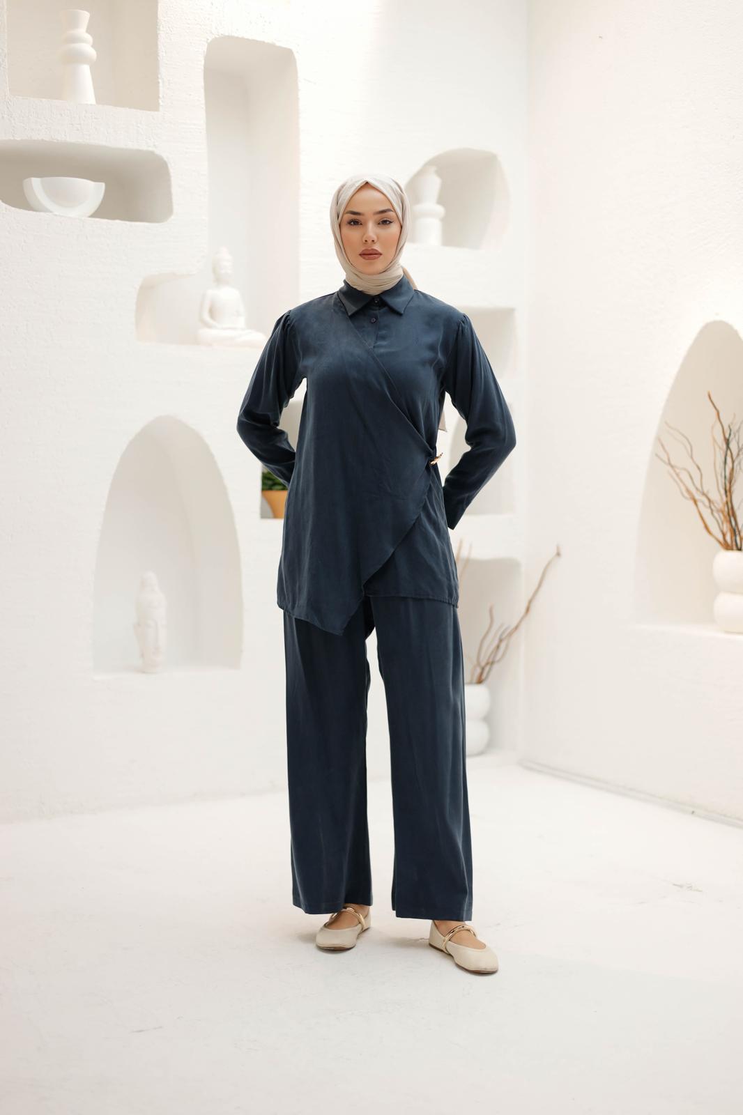 KRUVAZE İPEK KUPRA PANTOLONLU TAKIM