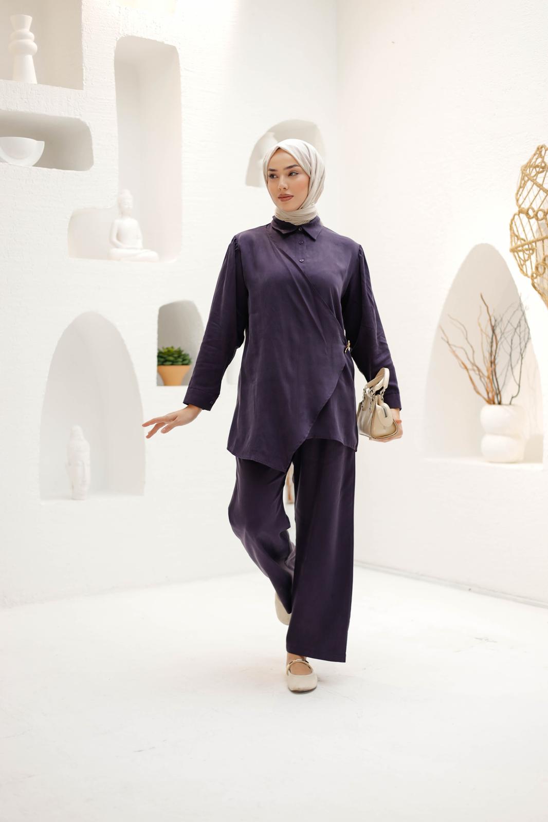 KRUVAZE İPEK KUPRA PANTOLONLU TAKIM